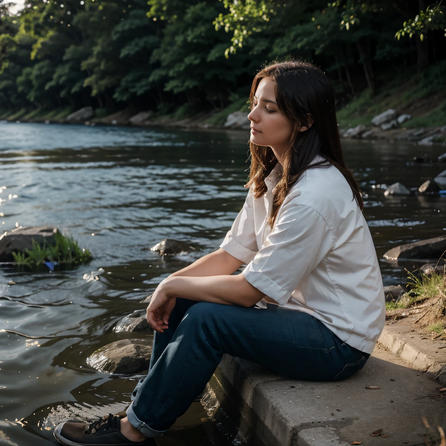 Electronic technician sitting on the river bank