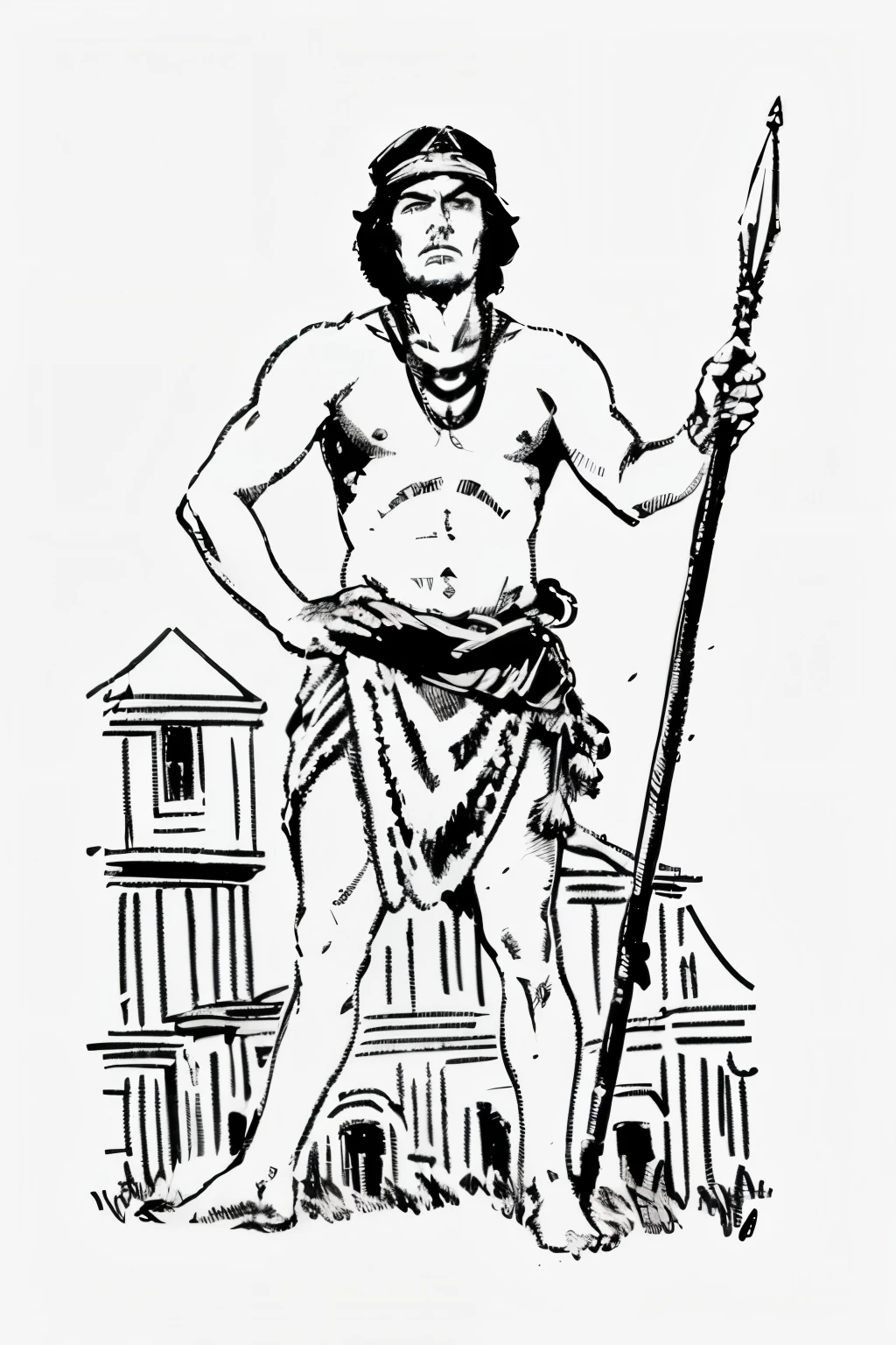 a drawing of a man with a spear and a hat, Ashoka Tano, man holding spear, foto de um guerreiro adulto, wearing tanga, historical image, an illustration of, guerreiro indiano, indigenous man, holding spear, tanga, um guerreiro asteca, vestindo roupas de homem das cavernas, imagem desenhada, Holding a spear, guerreiros massai