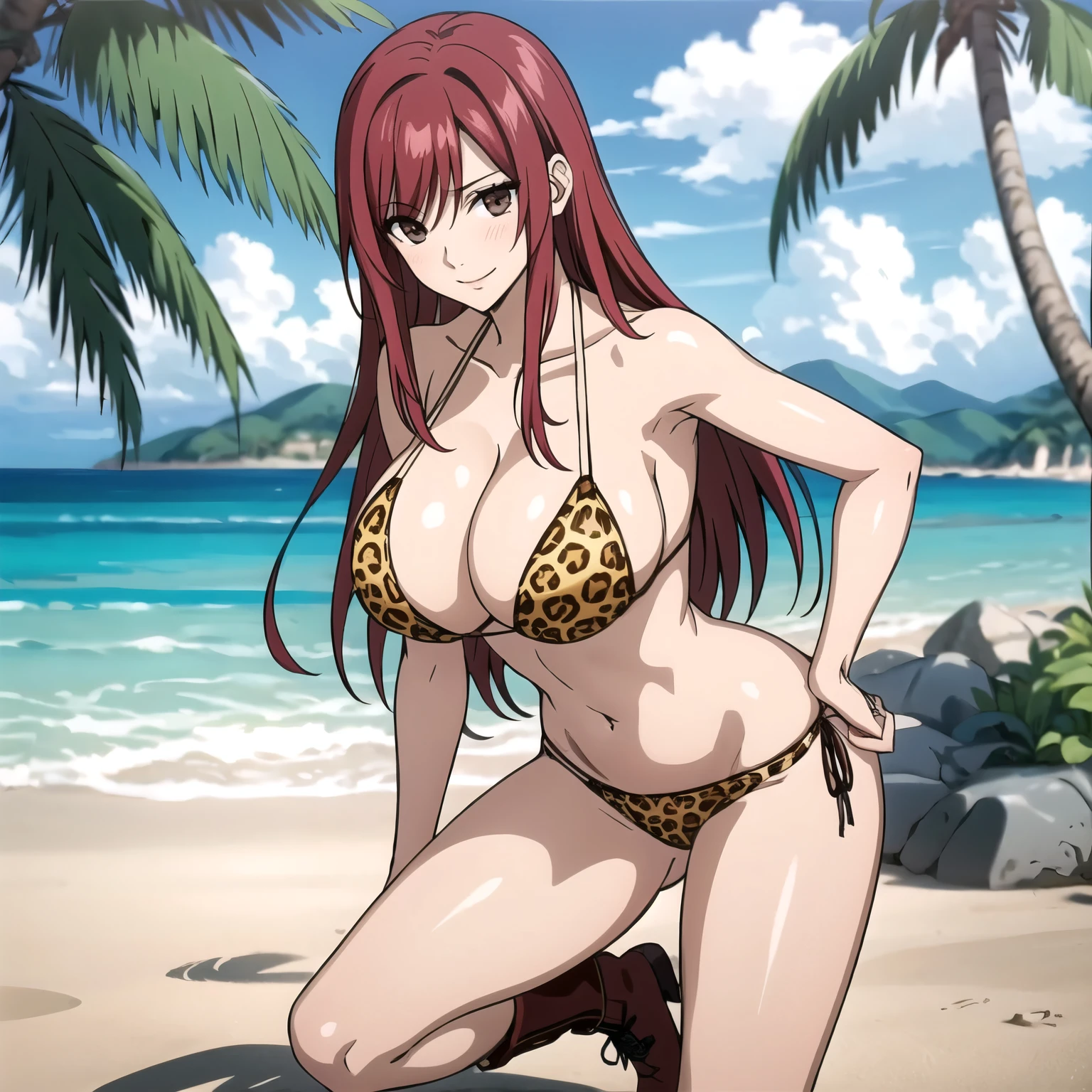 Erza Scarlet, 27 year old woman long straight red hair,, Brown eyes, big breasts red bikini with leopard design, botas rojas, esta caminando en una playa tropical cuerpo mojado. sonrisa alegre. rubor. frente al espectador. cuerpo mojado
