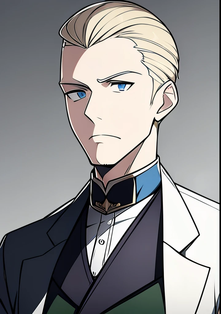 Young Adult male, white and tender skin, pale blonde slicked back combed short hair, kaisermustache, ducktail beard, steel blue eyes, green and slightly mature, serious and emotionless facial expression,wearing world war 2 era german fatigues, portrait style, facing forwards