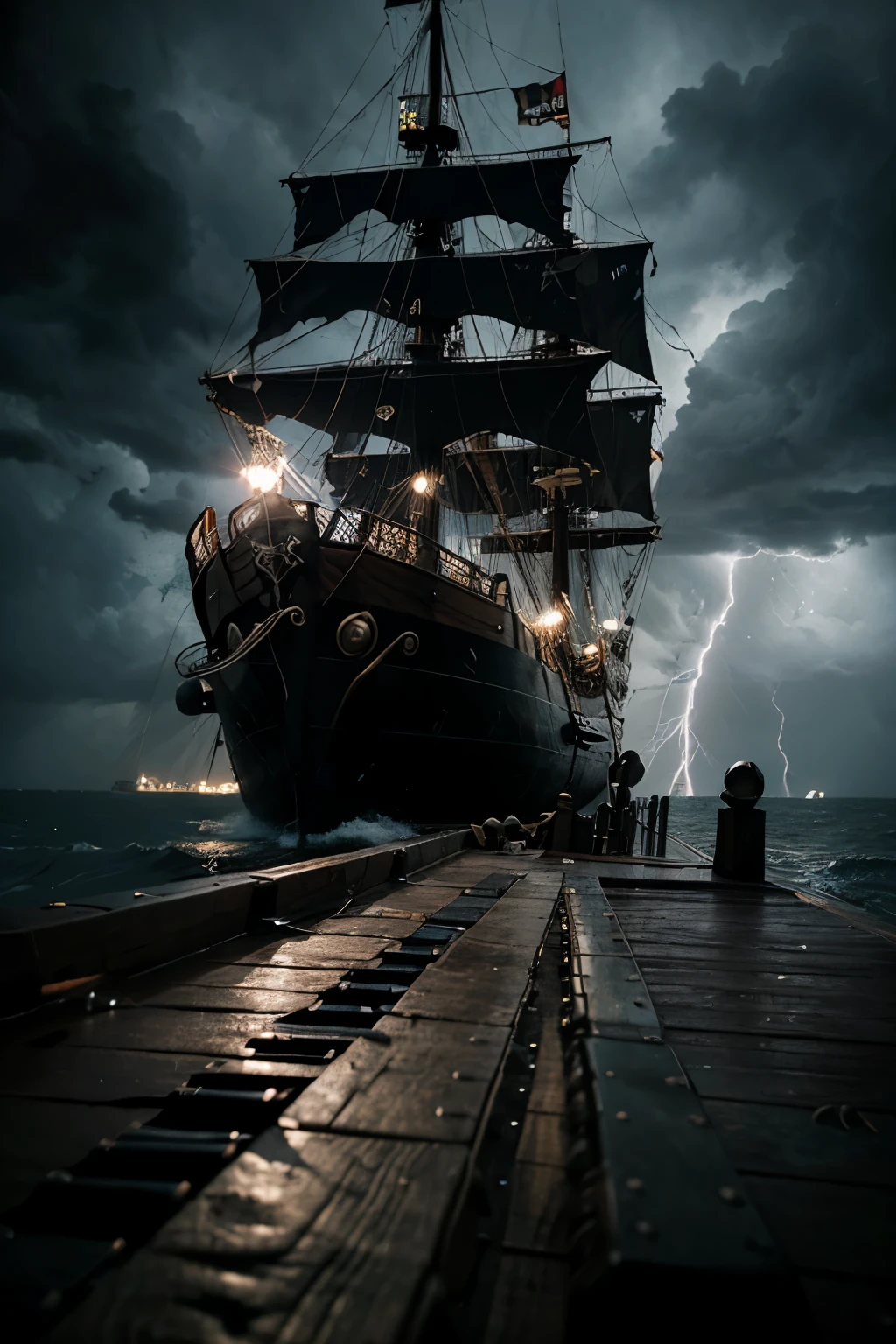pirate with heavy metal guitar on deck of pirate ship, stormy weather, thunder and rain, moonlight and flashes. Epic.