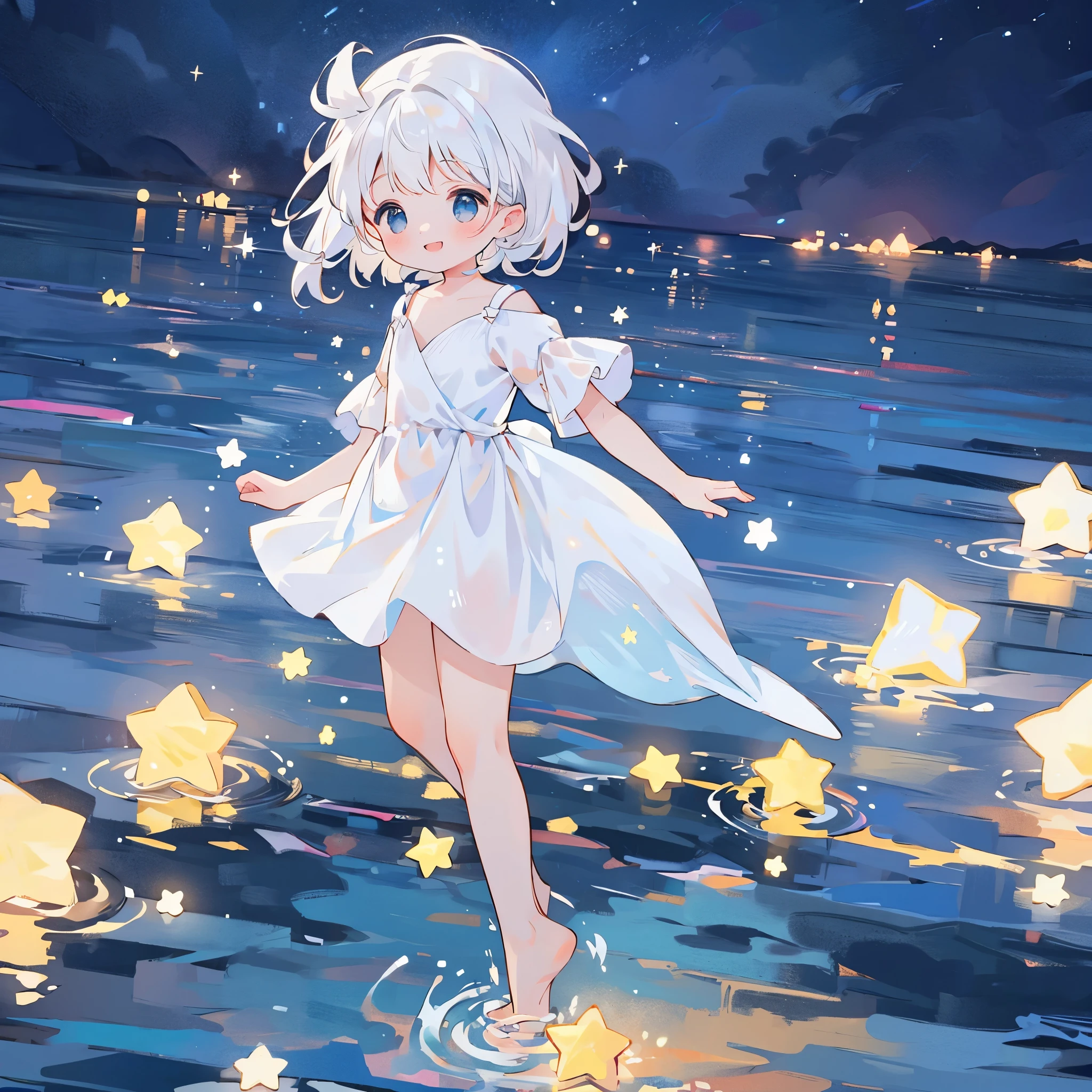 an ocean of stars, night sky, colorful, ethereal, charming girl in a white tutu, white hair, walking on the water, Her smile was filled with tenderness and joy