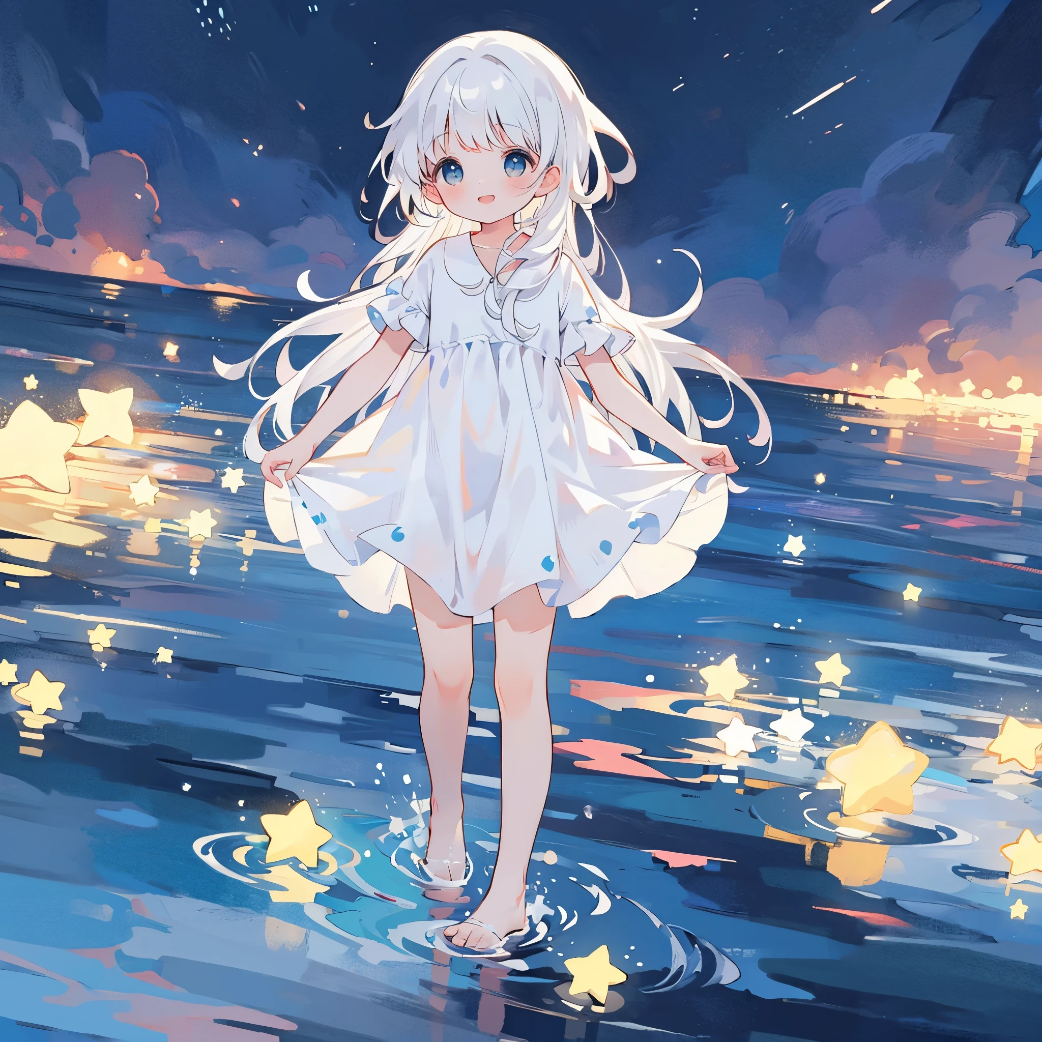 an ocean of stars, night sky, colorful, ethereal, charming girl in a white tutu, white hair, walking on the water, Her smile was filled with tenderness and joy, giant crescent white moon dipping into the water in the background