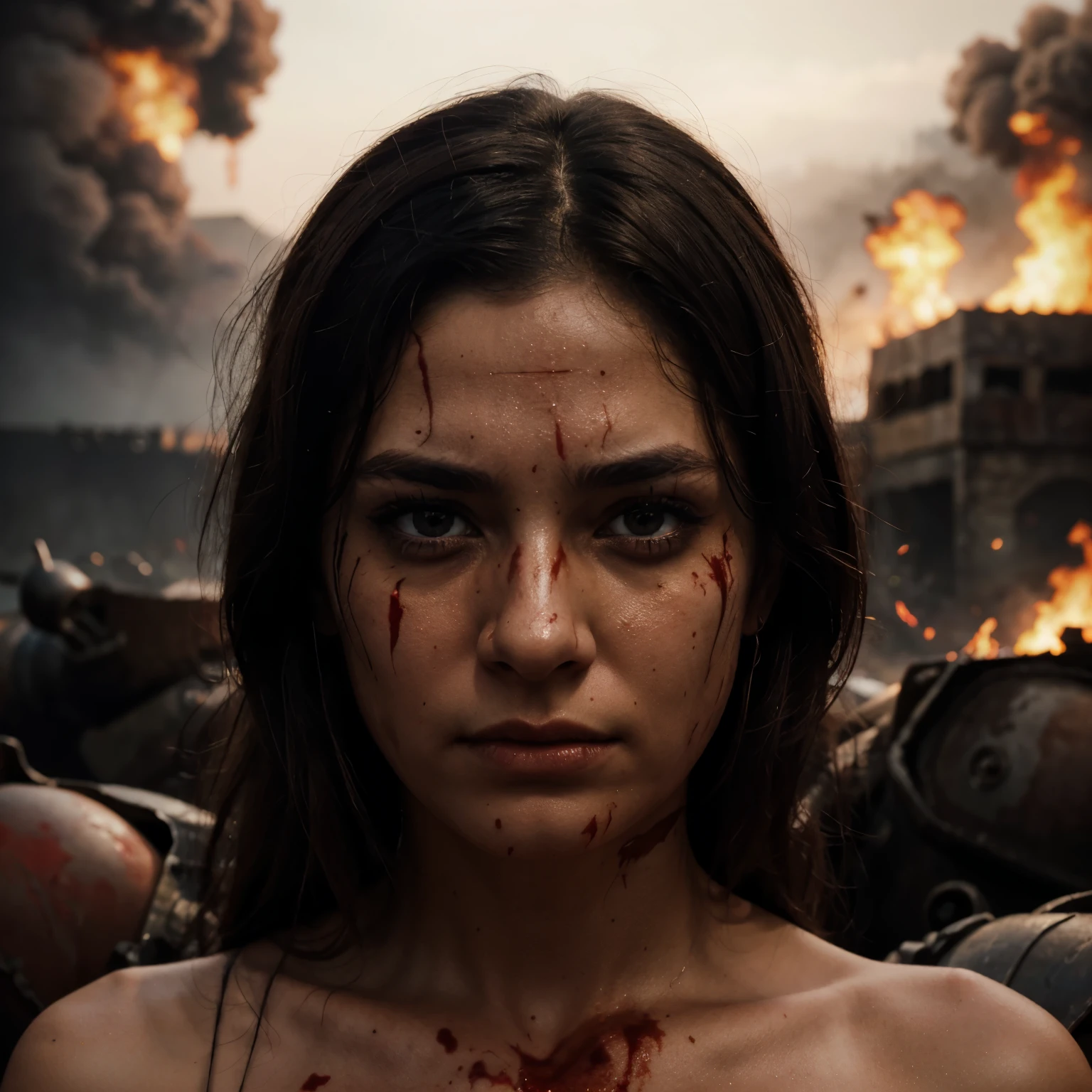 High quality, fair skinned woman, rage in her eyes, dark brown eyes and the look of revenge on her face a burning kingdom in the background, and blood smeared on her face
