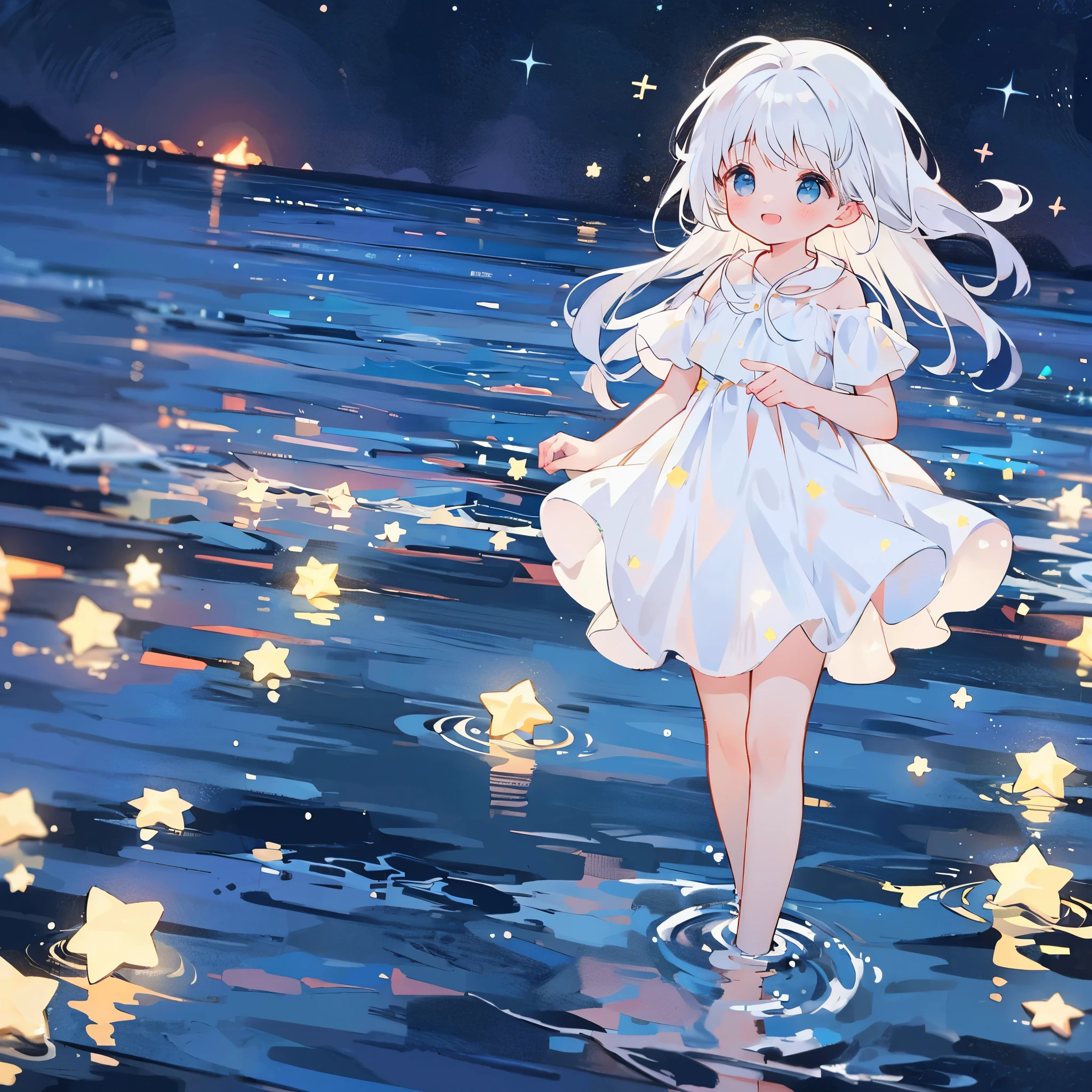 an ocean of stars, night sky, colorful, ethereal, charming girl in a white tutu, white hair, walking on the water, Her smile was filled with tenderness and joy, giant crescent white moon dipping into the water in the background