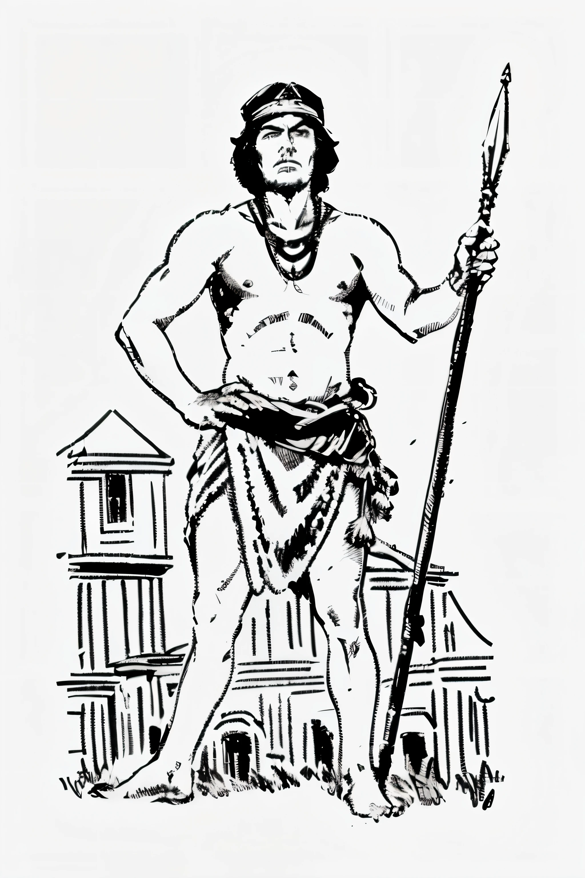 a drawing of a man with a spear and a hat, Ashoka Tano, man holding spear, foto de um guerreiro adulto, wearing tanga, historical image, an illustration of, guerreiro indiano, indigenous man, holding spear, tanga, um guerreiro asteca, vestindo roupas de homem das cavernas, imagem desenhada, Holding a spear, guerreiros massai
