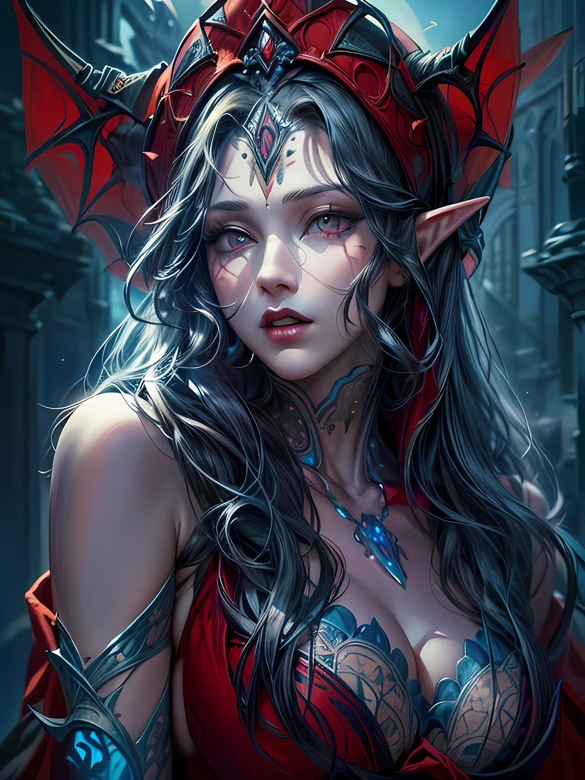 fantasy art, gothic art, (masterpiece:1.5), full body best details, highly detailed, best quality, Glowing Purple, highres, full body portrait of a vampire, elf (Masterpiece, best quality: 1.6), ultra feminine, wizard, (intricate details, Masterpiece, best quality: 1.5) with a long curvy hair,  black hair hair, (red: 1.2) eyes, (fantasy art, Masterpiece, best quality), ((beautiful delicate face)), Ultra Detailed Face (intricate details, fantasy art, Masterpiece, best quality: 1.5), [[vampiric fangs 1.5]] (red cloak: 1.3) , flowing cloak (intricate details, fantasy art, Masterpiece, best quality: 1.3), wearing an intricate (blue:1.3) dress (intricate details, fantasy art, Masterpiece, best quality: 1.5), high heeled boots, urban background (intense details, beat details), fantasy, at night light, natural ,moon light, clouds, gothic atmosphere, soft light, dynamic light, [[anatomically correct]], high details, best quality, 8k, [ultra detailed], masterpiece, best quality, (extremely detailed), dynamic angle