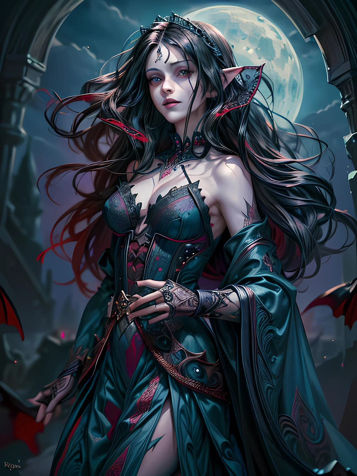 arafed, dark fantasy art, gothic art, (masterpiece:1.5), full body best details, highly detailed, best quality, highres, full body portrait of a vampire, elf (1.6, Masterpiece, best quality), ultra feminine (1.4 intricate details, Masterpiece, best quality) with a long curvy hair, dark color hair, red eyes (1.3 fantasy art, Masterpiece, best quality), ((beautiful delicate face)), Ultra Detailed Face (1.4 intricate details, fantasy art, Masterpiece, best quality), [visible sharp vampiric fangs] (1.6 intricate details, fantasy art, Masterpiece, best quality), [anatomically correct] red cloak, flowing cloak (1.4 intricate details, fantasy art, Masterpiece, best quality), wearing an intricate leather [white] dress (1.4 intricate details, gothic art, Masterpiece, best quality), high heeled boots, blood dripping on lips, urban background (intense details, beat details), fantasy, at night light, natural ,moon light, soft moon light, moon rays, clouds, gothic atmosphere, gothic street background, bats flying in background, soft light, dynamic light, [[anatomically correct]], high details, best quality, 8k, [ultra detailed], masterpiece, best quality, (extremely detailed), dynamic angle, ultra wide shot, RAW, photorealistic, zrpgstyle