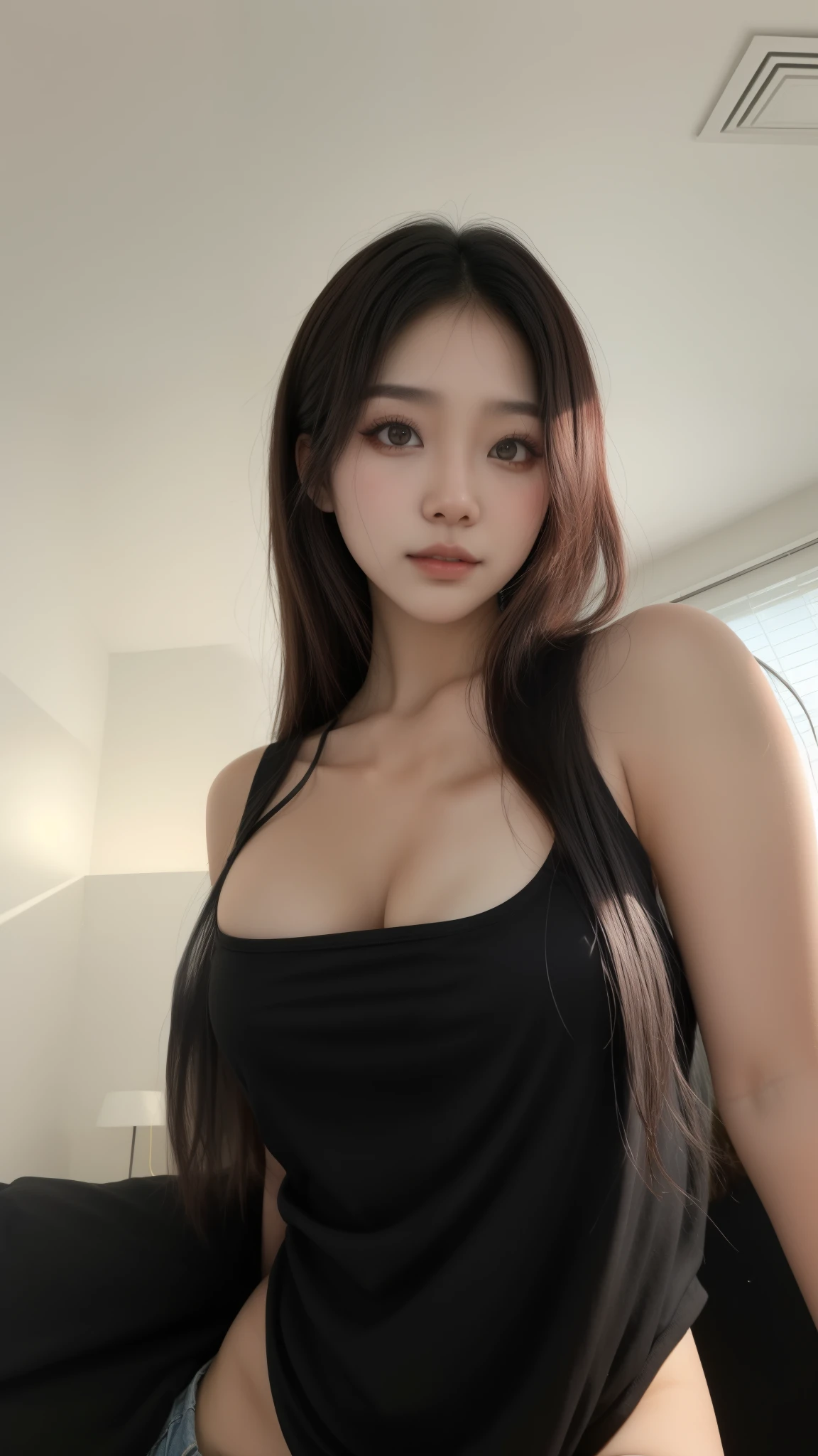 Asiatica usando uma blusa preta, coreana, korean girl, cabelo preto, labios rosados