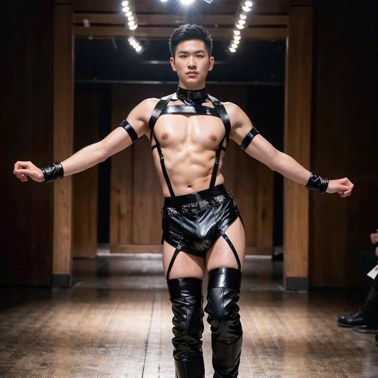 photo of a handsome (korean man), ((futuristic fashion show)), (Supermodel), runway, (smirk:0.7), coiffed hairstyle, (oily skin), (looking at viewer), fashion model posing, b0ndage, ((bondage strap outfit)), male focus, dynamic movement, (ultra realistic, masterpiece, hdr, intricate details, detailed background, depth of field), dynamic pose, dynamic angle. full length shot(fls) , big thighs , big hips , insane details, hyper details , photorealistic , only male , handsome boy , fat buttock , puffy nipples , 16k resolution , ultra-high clarity , hyperrealism, uhd,. K-pop, whore , slutty whore , swollen nipples , grins , K-pop, whore , slutty whore , swollen nipples , defeat , grins ,thick thighs, thick booty. Fat buttocks
