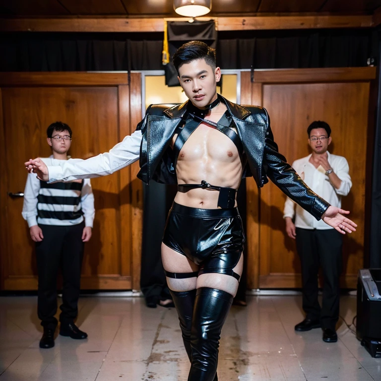 photo of a handsome (korean man), ((futuristic fashion show)), (Supermodel), runway, (smirk:0.7), coiffed hairstyle, (oily skin), (looking at viewer), fashion model posing, b0ndage, ((bondage strap outfit)), male focus, dynamic movement, (ultra realistic, masterpiece, hdr, intricate details, detailed background, depth of field), dynamic pose, dynamic angle. full length shot(fls) , big thighs , big hips , insane details, hyper details , photorealistic , only male , handsome boy , fat buttock , puffy nipples , 16k resolution , ultra-high clarity , hyperrealism, uhd,. K-pop, whore , slutty whore , swollen nipples , grins , K-pop, whore , slutty whore , swollen nipples , defeat , grins ,thick thighs, thick booty. Fat buttocks
