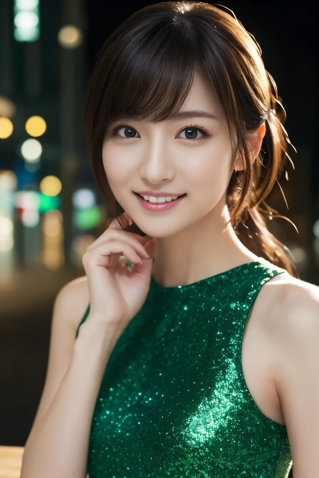 1 girl, (wearing a green glitter dress:1.2), (RAW photo, highest quality), (realistic, Photoreal:1.4), table top, very delicate and beautiful, very detailed, 2k wallpaper, wonderful, finely, very detailed CG Unity 8K 壁紙, super detailed, High resolution, soft light, beautiful detailed girl, very detailed目と顔, beautifully detailed nose, detailed and beautiful eyes, cinematic lighting, night city lights, Fantastic illumination, perfect anatomy, slender body, small, smile