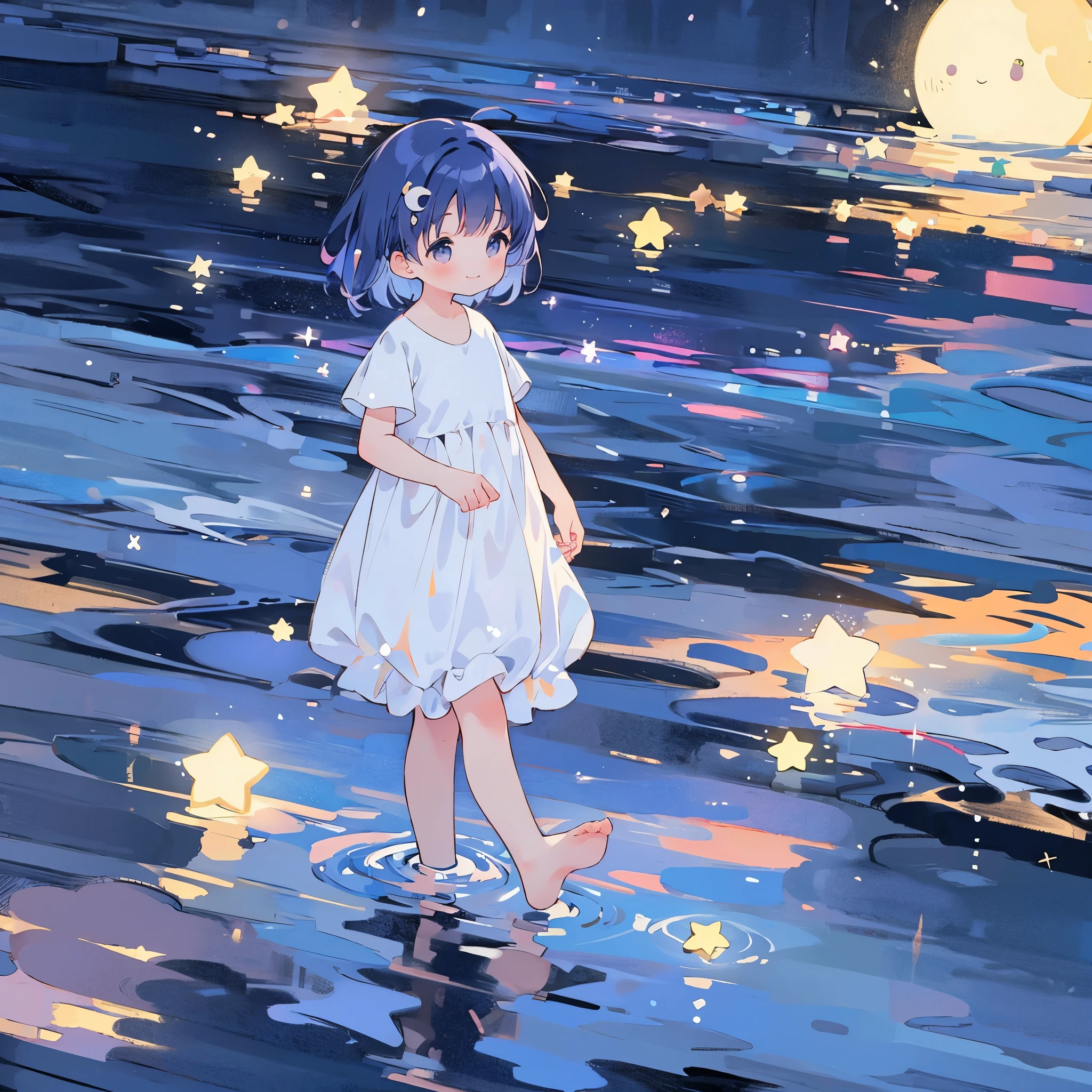 an ocean of stars, night sky, colorful, ethereal, charming girl in a puffy white tutu, purple-blue gradient hair, walking on the water, Her smile was filled with tenderness and joy, a giant crescent white moon dipping into the water in the background