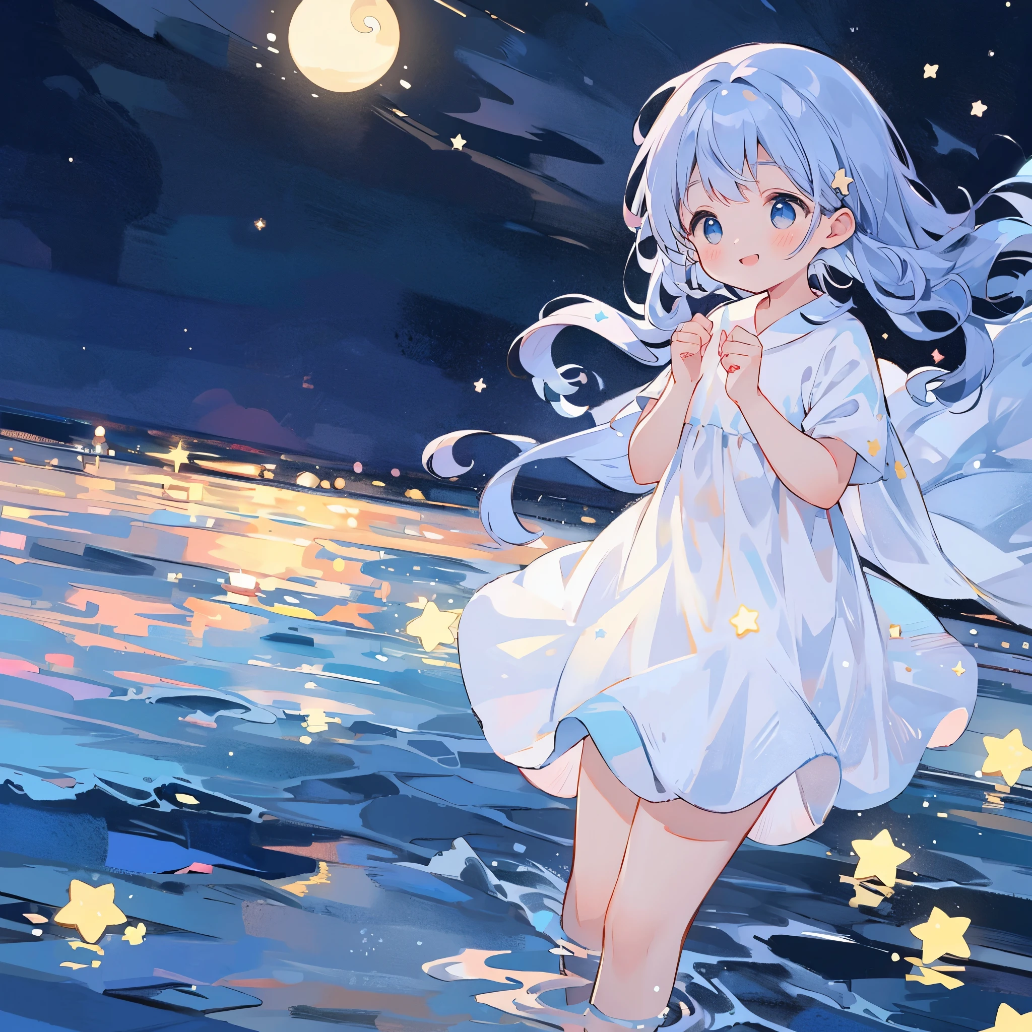 an ocean of stars, night sky, colorful, ethereal, charming girl in a puffy white tutu, purple-blue gradient hair, walking on the water, Her smile was filled with tenderness and joy, a giant crescent white moon dipping into the water in the background