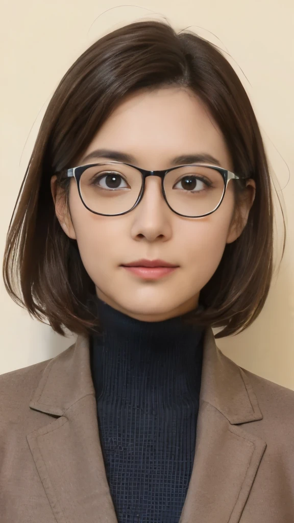 Portrait of a woman, mid-thirties, Japanese nationality, illuminated face, upper body composition, realistic high-definition image. Features: shoulder-length brown hair, intellectual appearance with glasses, simple contour, defined eyebrows, deep-set eyes, a straight nose, a soft mouth. Clothing: a turtleneck sweater in muted colors, a classic blazer, a pendant necklace. Age: 38, Gender: Female. Ensure the portrayal includes subtle imperfections for a realistic appearance.