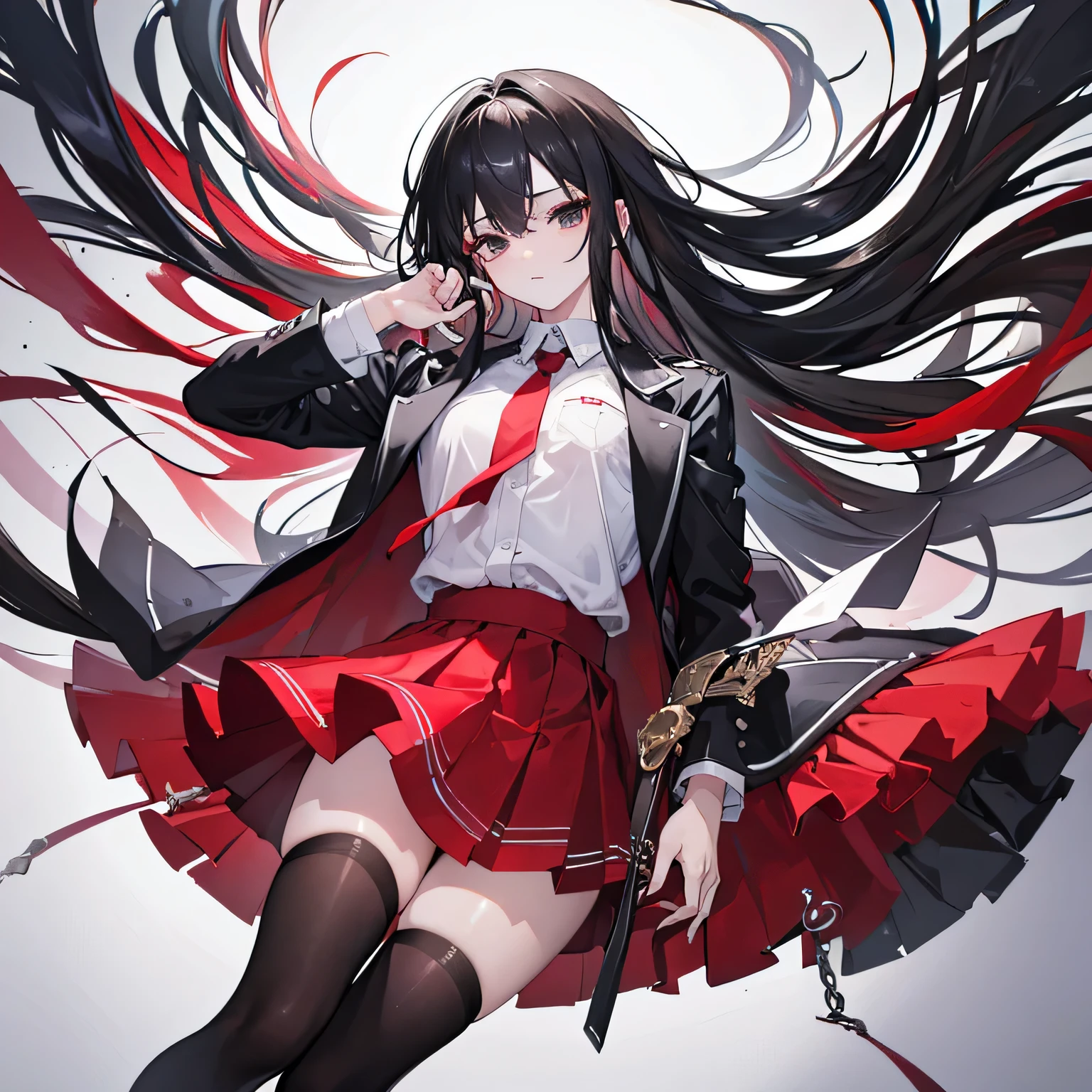 a loli with long black hair, red eyes, small body, standing, black suit