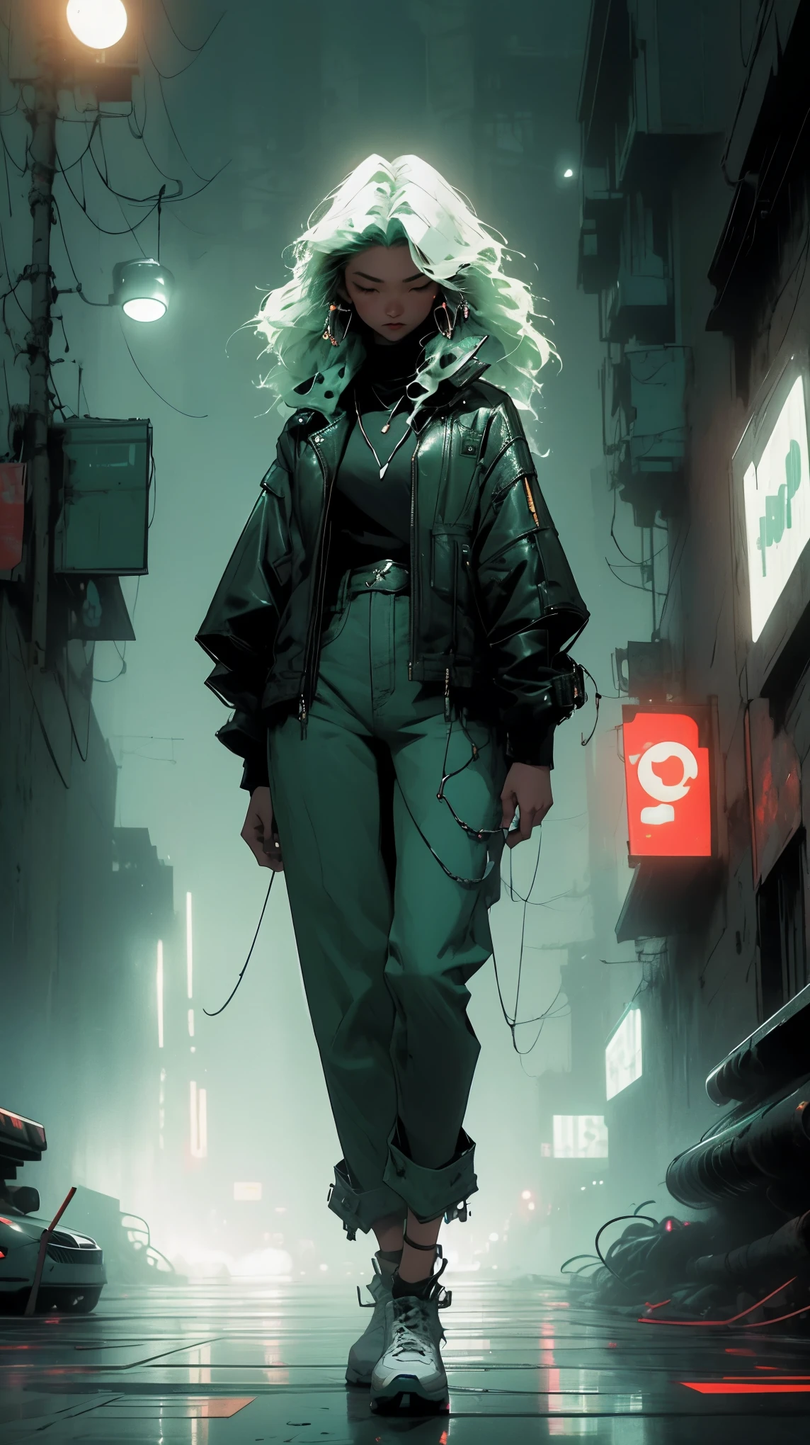 young asian woman, long curly mint hair, light green hair, black leather jacket, black t-shirt, blue jeans, white sneakers, foggy night asian street, neon green signs on the buildings around her; misty atmosphere, casting an ethereal glow that illuminates the woman and the surroundings