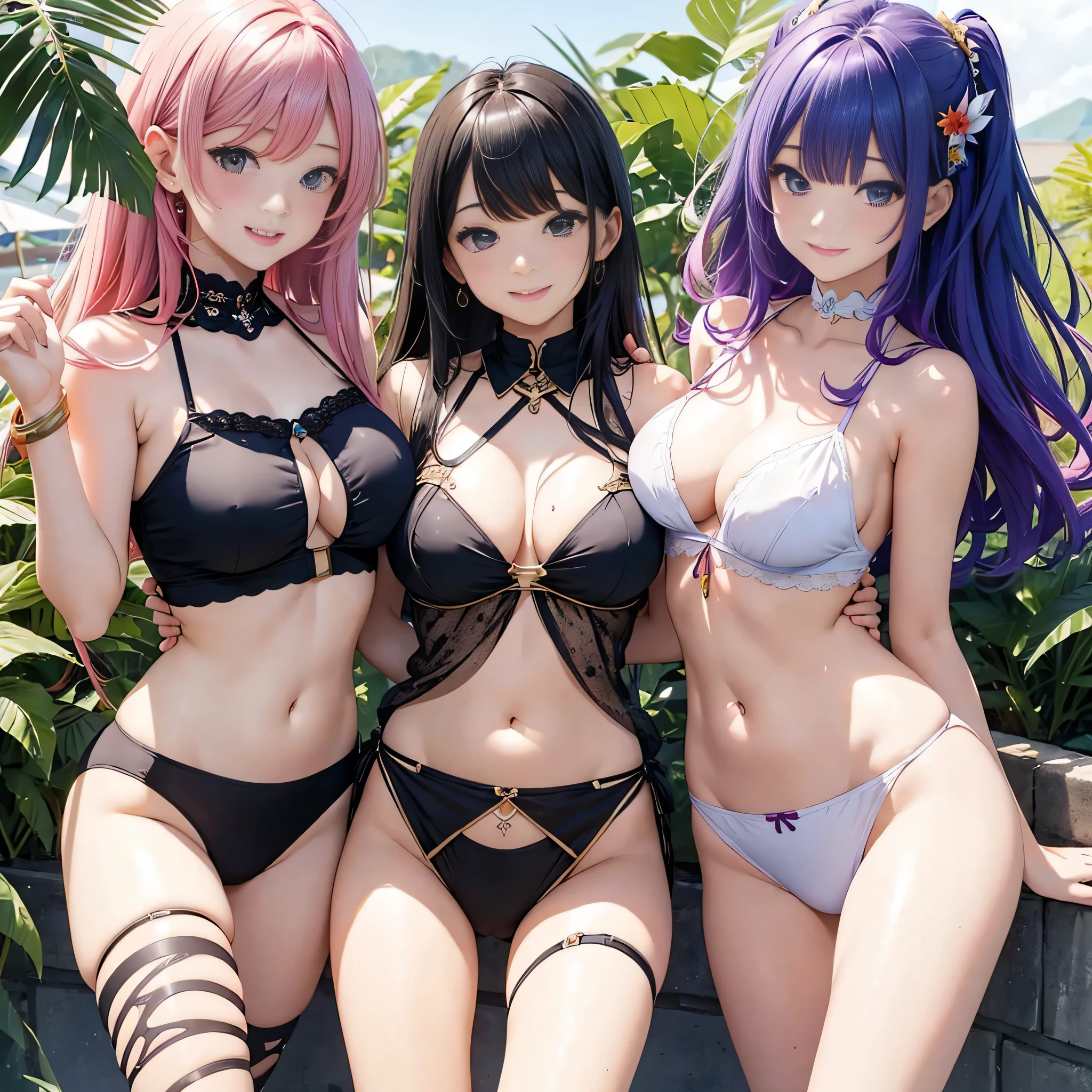 angle from above、girls sandwich、Two girls are depicted、colorful hair、beautiful girl、highest quality、embarrassing smile、beautiful girl、masterpiece、High-definition images、The belly button is visible、Thigh emphasis、tropical island、25 years old、super lender body shape, no_panties, large breasts, jewelry