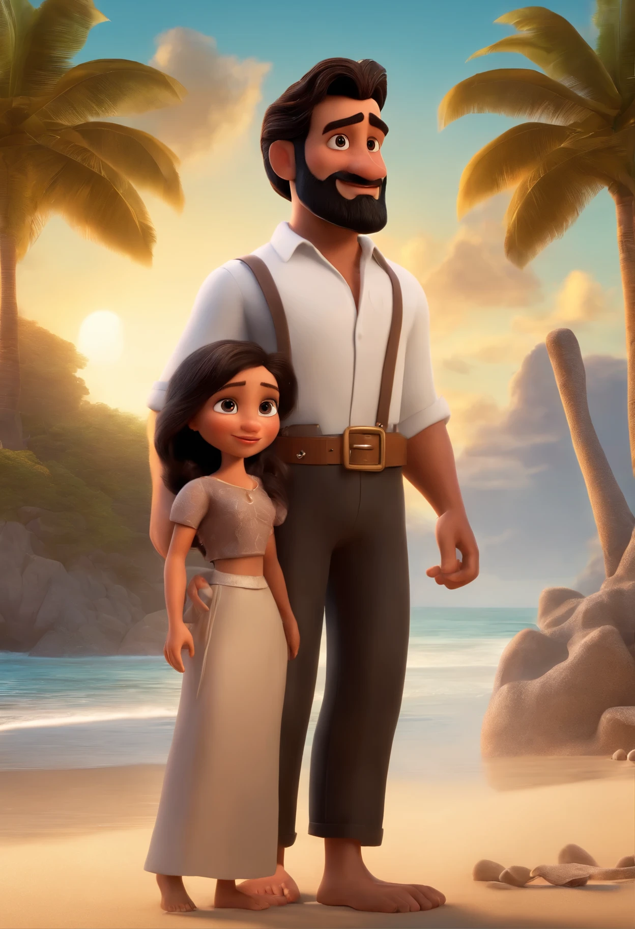 3d Pixar Disney Couple 1 Man Black Hair With Beard White shirt Woman black Eyes Brown Hair White black Eyes Brown Hair On The Beach Dofinhos