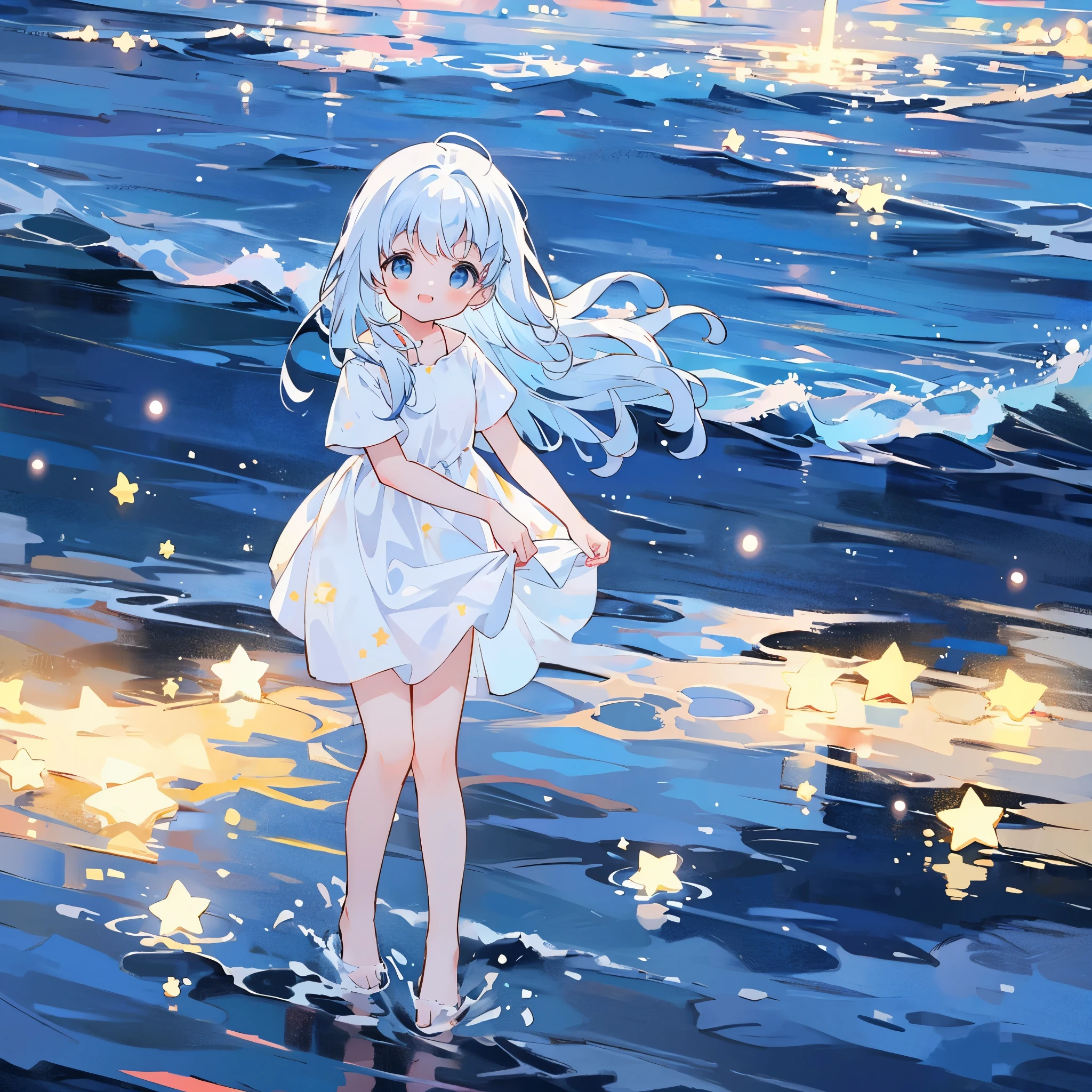 an ocean of stars, night sky, colorful, ethereal, charming girl in a puffy white tutu, blue-white gradient hair, walking on the water, Her smile was filled with tenderness and joy, giant crescent white moon dipping into the water in the background