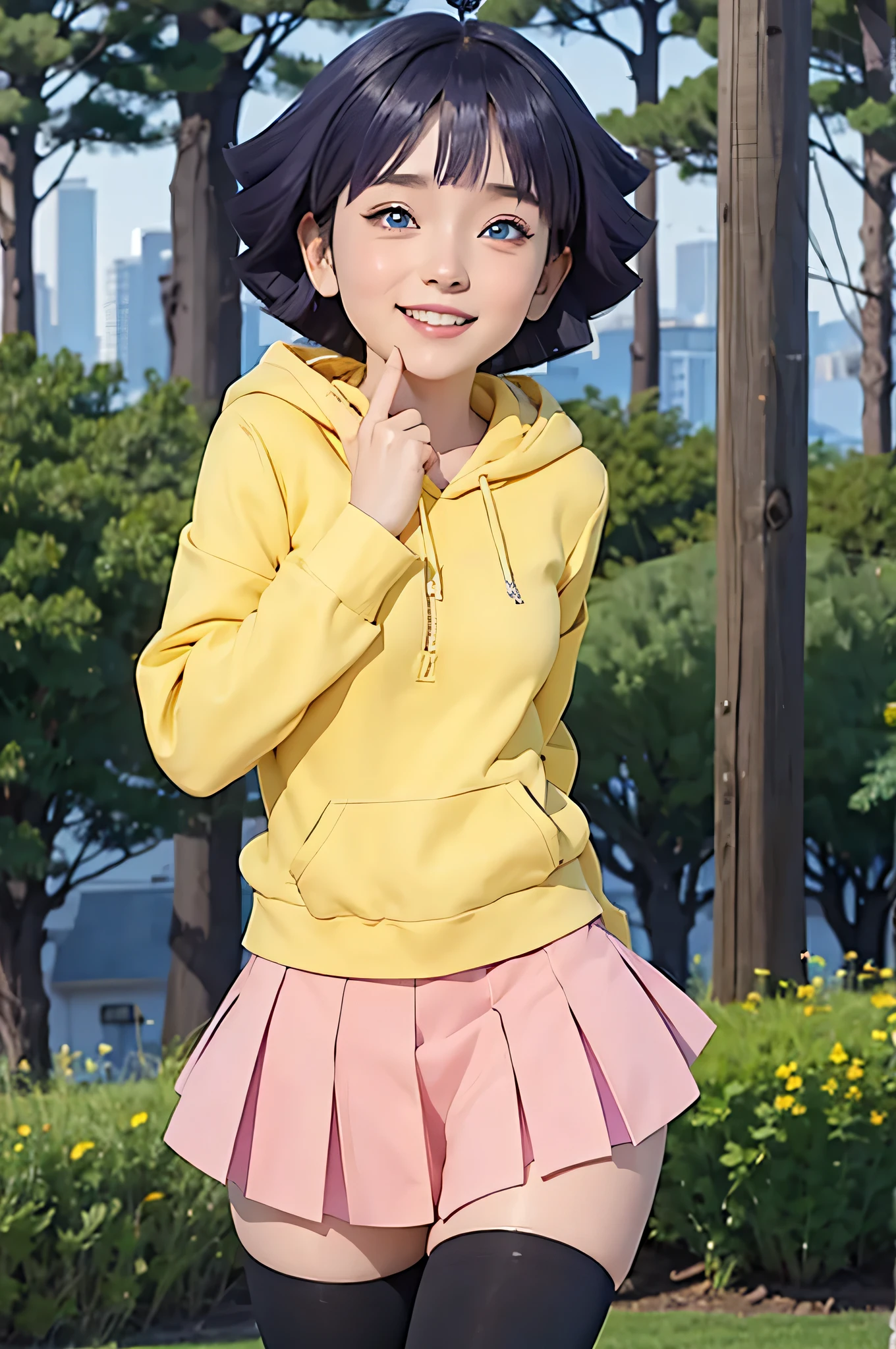 1girl, himawari anime naruto shipudden, short hair , purple hair, blue eyes, beautiful, Yellow clothes , smile, realistic clothes, detail clothes, city background, ultra detail, realistic