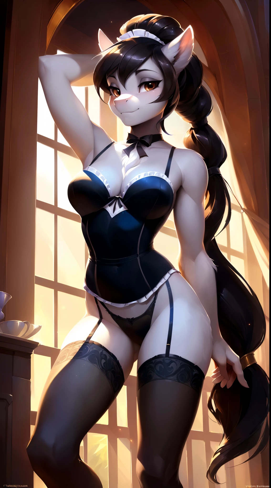 uploaded on e621, by Bayard Wu, by Thomas Benjamin Kennington, by Einshelm, solo anthro, ((Portrait)), ((Wear a maiden outfit)), maid, maid uniform, frenchmaid, french, (White and black Underwear), (lacy stockings, adult pantyhose), (detailed Bonifasko lighting), (Detailed fur), (detailed skin), (Cinematic lighting), ((Detailed background, vip hotel hall)), (half body shadow), [ambient light on the belly], [explict content], [sharp-focus], (shaded), ((Masterpiece), brown eyes, (long hair, hairbun), (dark hair), Average Breasts, pectoral muscles, Fluffy pony, MLP, My Little Pony, grey skin, (fluffy fur), fluffy tights, fluffy chest, furry fantasy art, anthro art, commission for high res, Furry art, pov furry art, Sakimichan is beautiful, Masterpiece, Best Quality, Detailed image, Dark colors, Detailed Face, perfect  lighting, Perfect shadows, Perfect eyes, focus on girl, flawless face, gorgeous body, Hourglass body, feet focus (hooves in tights), Fluffy, fluffy girl, Body fur, pony muzzle, Playful look, half closed eyes, 1girl, full body, Detailed fur, Balanced coloring, ((Long mane, pony tail)), Furry, anthro, (attractive body), looking at viewer, seductive gaze, seductive posing, perfect legs, 