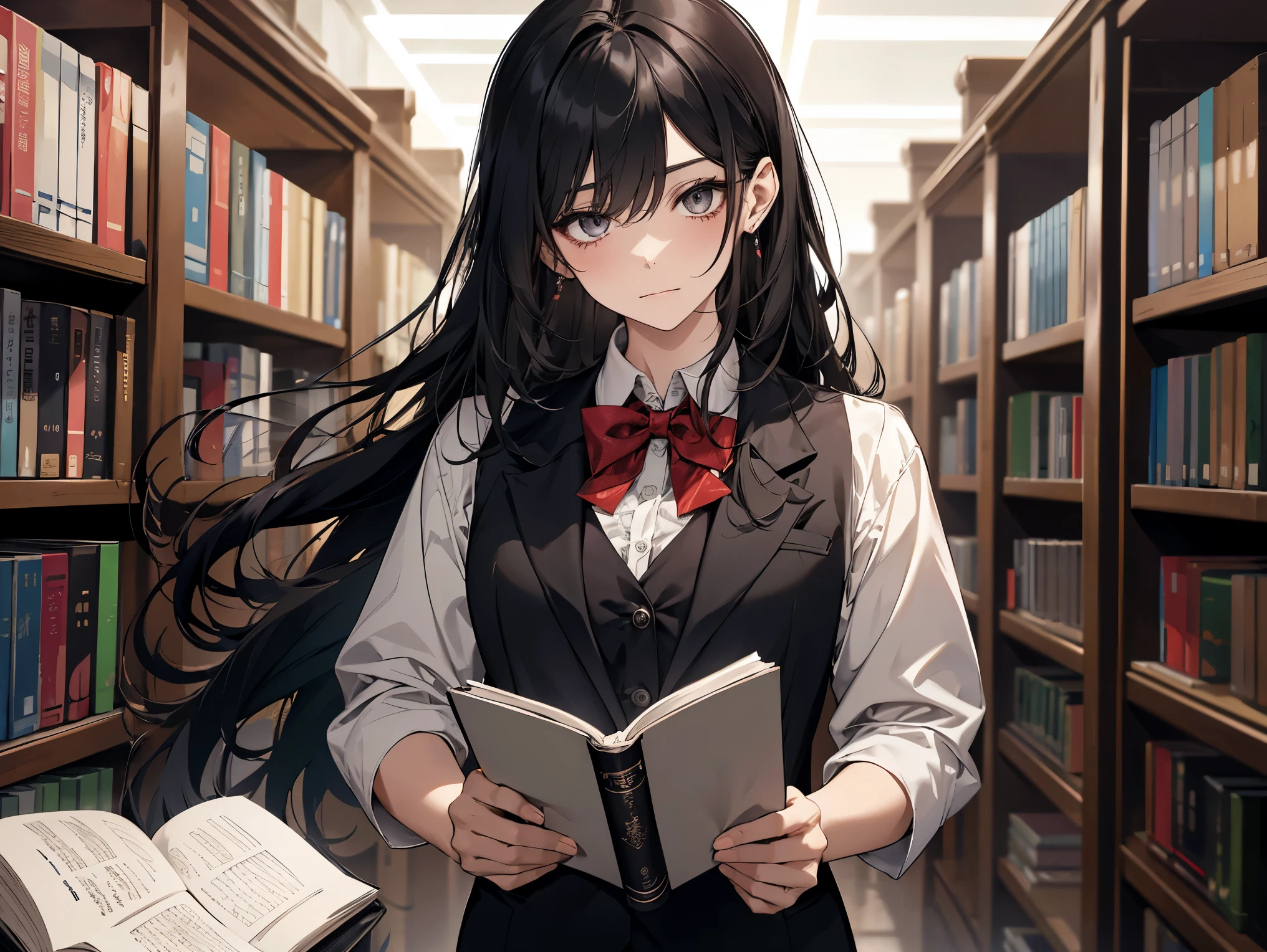 1 female, teacher, wearing white shirt, black suit, rolled up sleeves, black long pants, black hair, long hair, grey eyes, red bowtie, shy expression, face to detail, detailed eyes, the background is a library in china, holding a notebook, Writing in it shyly. Flying pages.