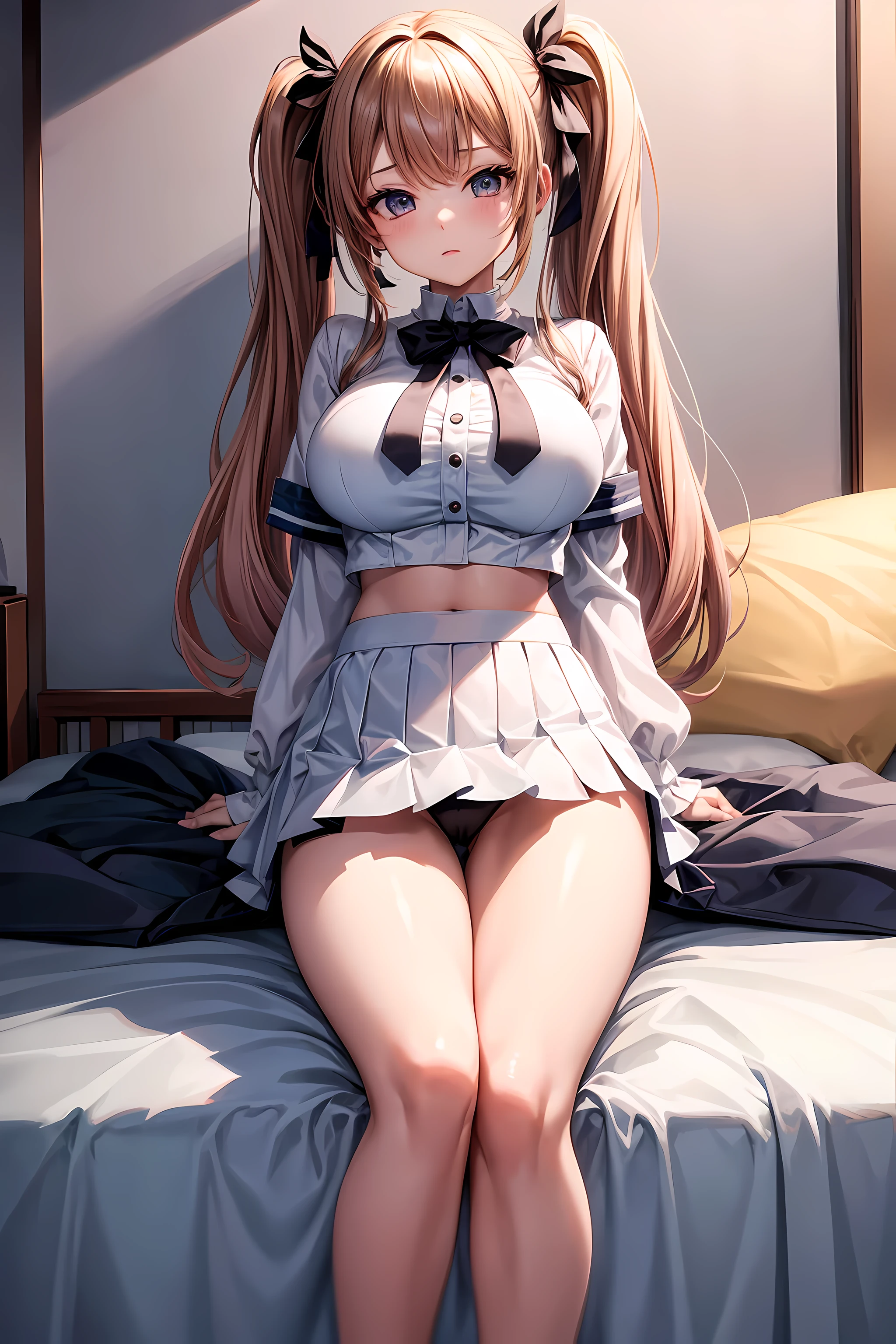 masterpiece,最high quality,high quality,4k,8K,High resolution,Full HD,20 year old beautiful girl,big bust,D cup,twin tails,uniform,mini skirt,thong shorts,On your back,M-shaped spread legs,on the bed,pastel colored room