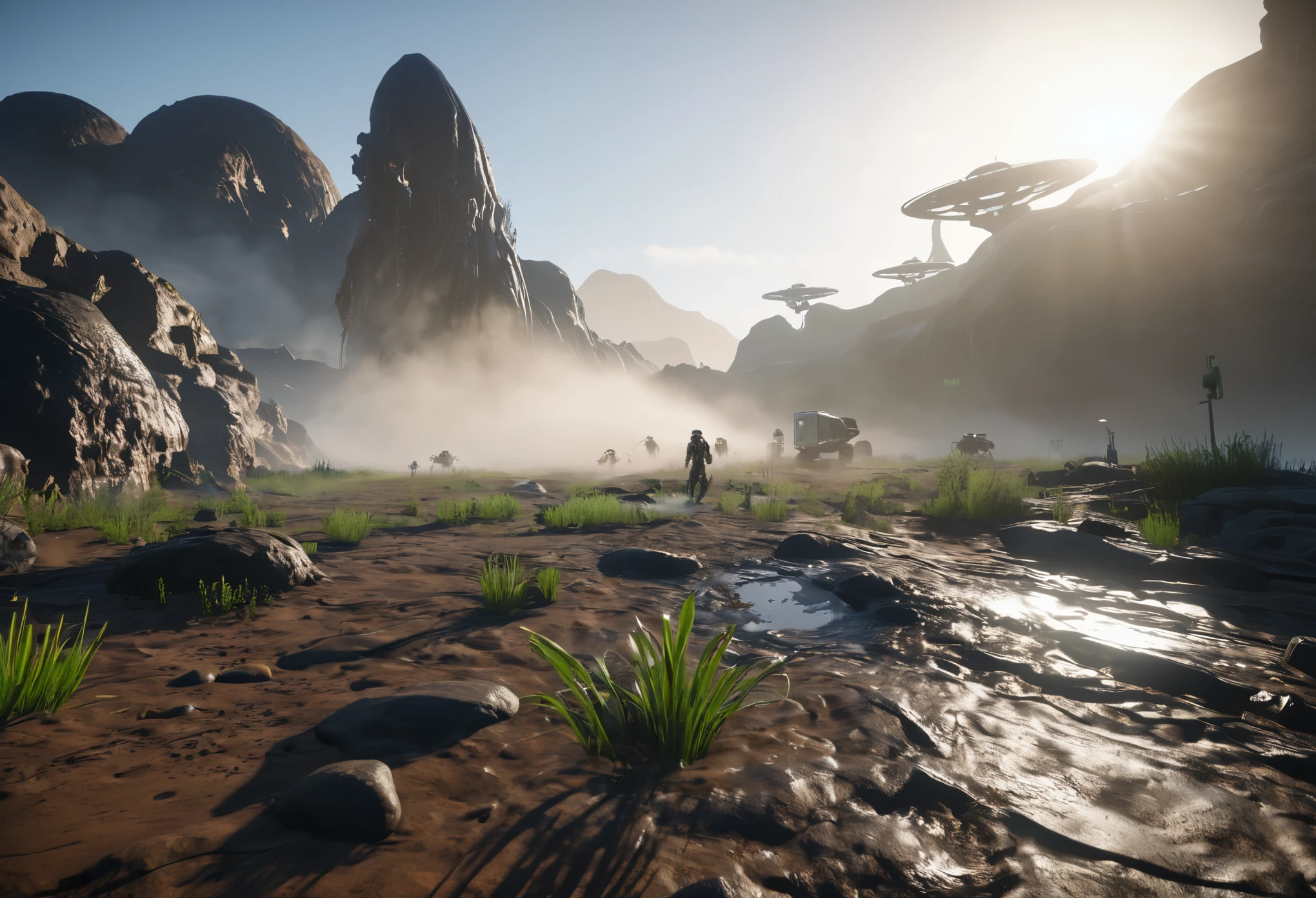 VR first person，Alien scenes，VR operation interface，Realistic virtual scenes，empty land，Diffuse light mist，best quality，masterpiece
