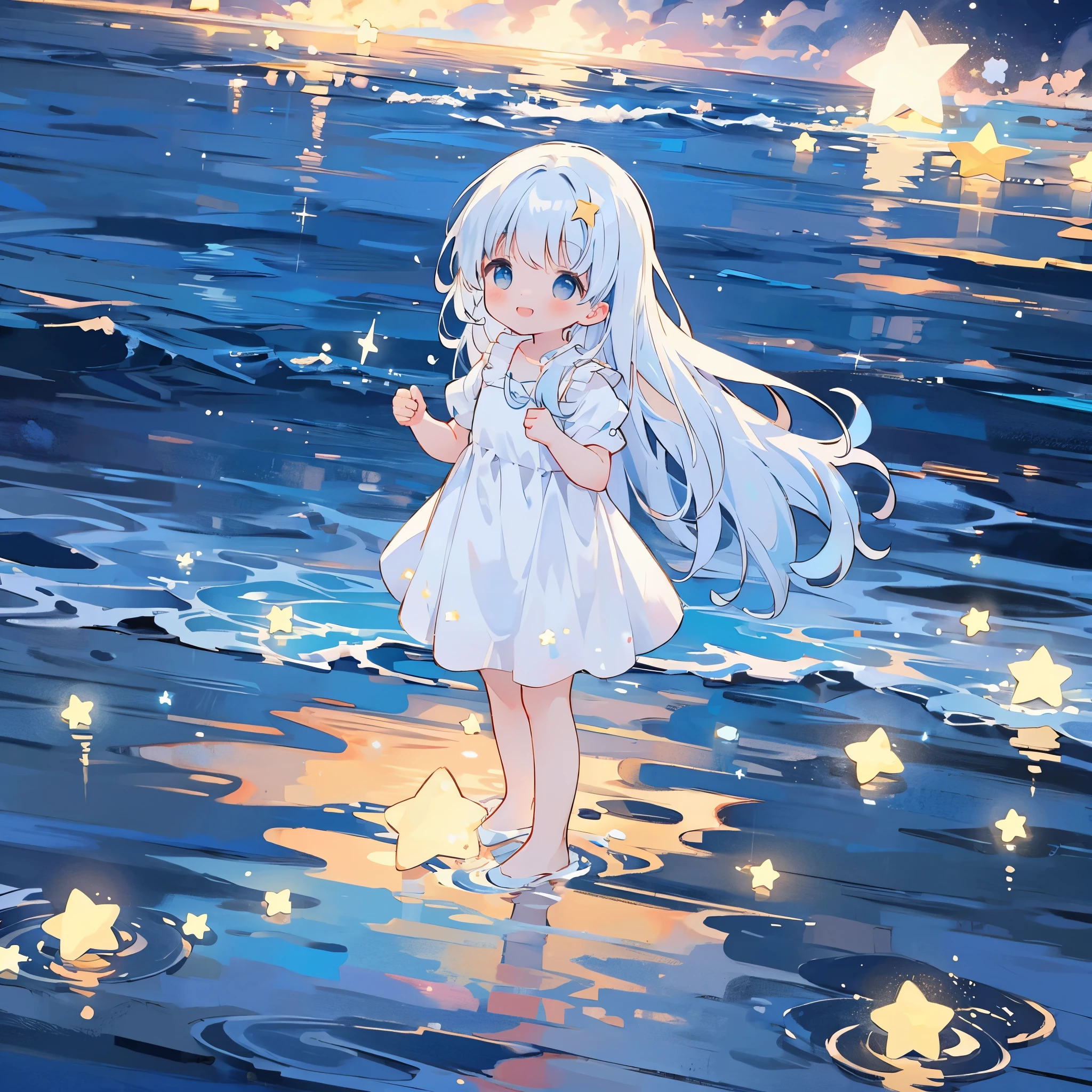 an ocean of stars, night sky, colorful, ethereal, charming girl in a puffy white tutu, blue-white gradient hair, walking on the water, Her smile was filled with tenderness and joy, giant crescent white moon dipping into the water in the background