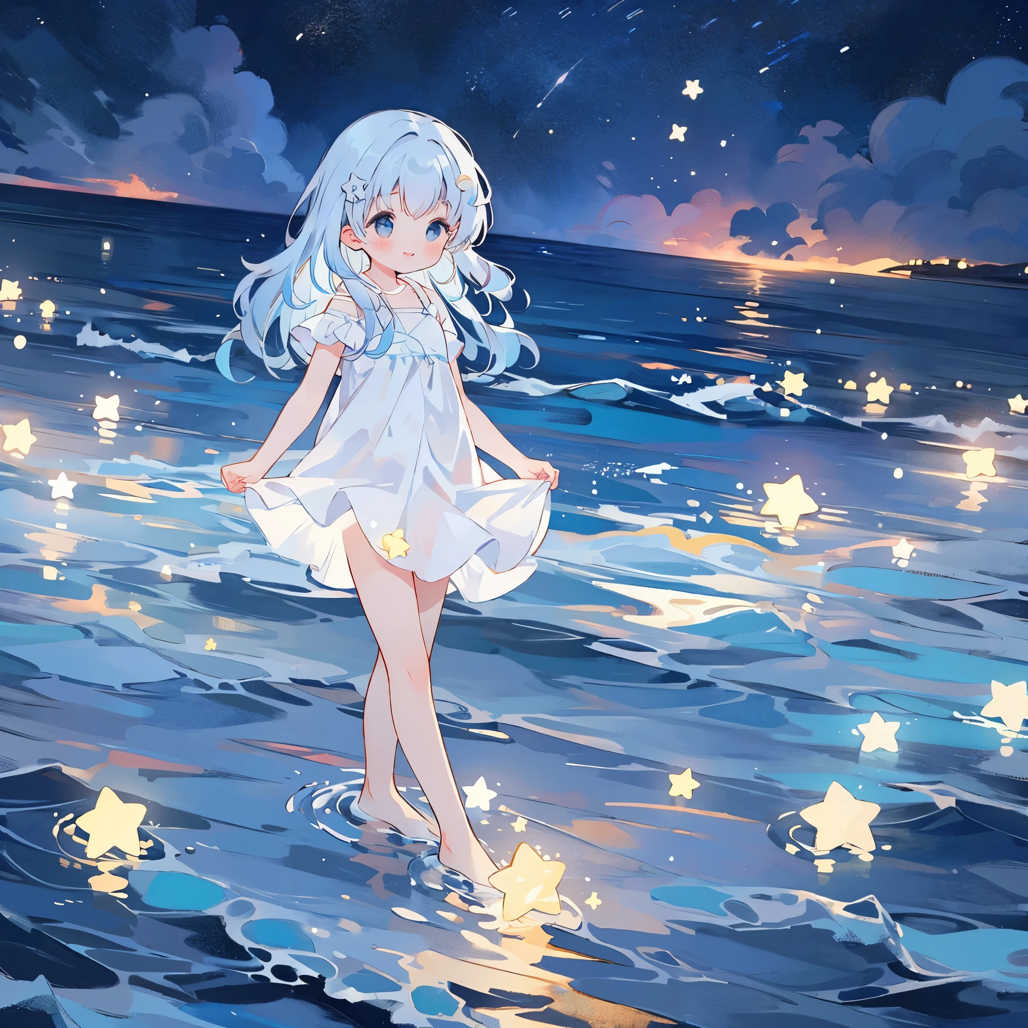 an ocean of stars, night sky, colorful, ethereal, charming girl in a puffy white tutu, blue-white gradient hair, walking on the water, Her smile was filled with tenderness and joy, giant crescent white moon dipping into the water in the background