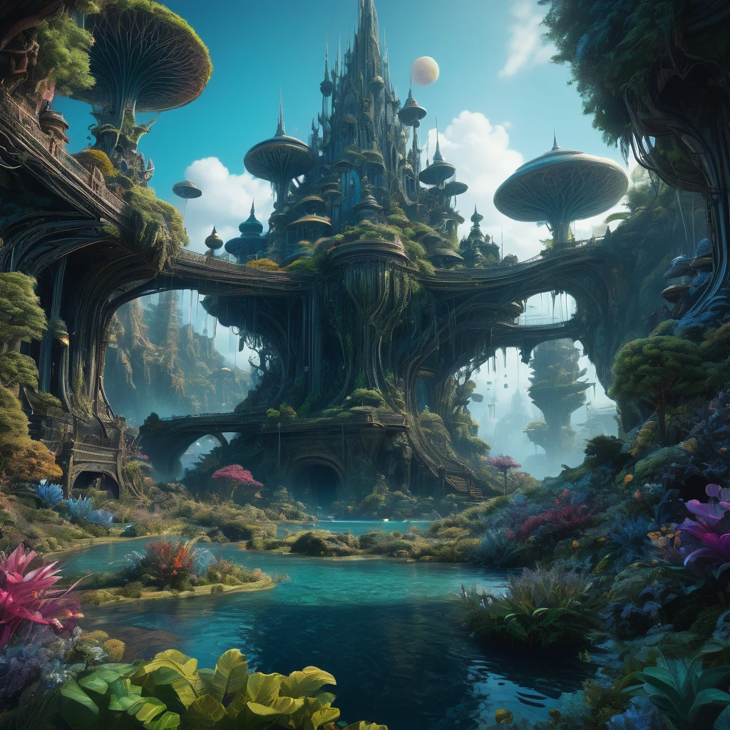 alien landscape, aesthetic, extremely detailed, 🌌. intricate, hyperrealism, hyperdetailed, elaborate, beautiful, elegant, entangled magnificent landscape detailed matte painting, deep color, fantastical, intricate detail, splash screen, complementary colors, fantasy concept art, 8k resolution trending on Artstation Unreal Engine 5