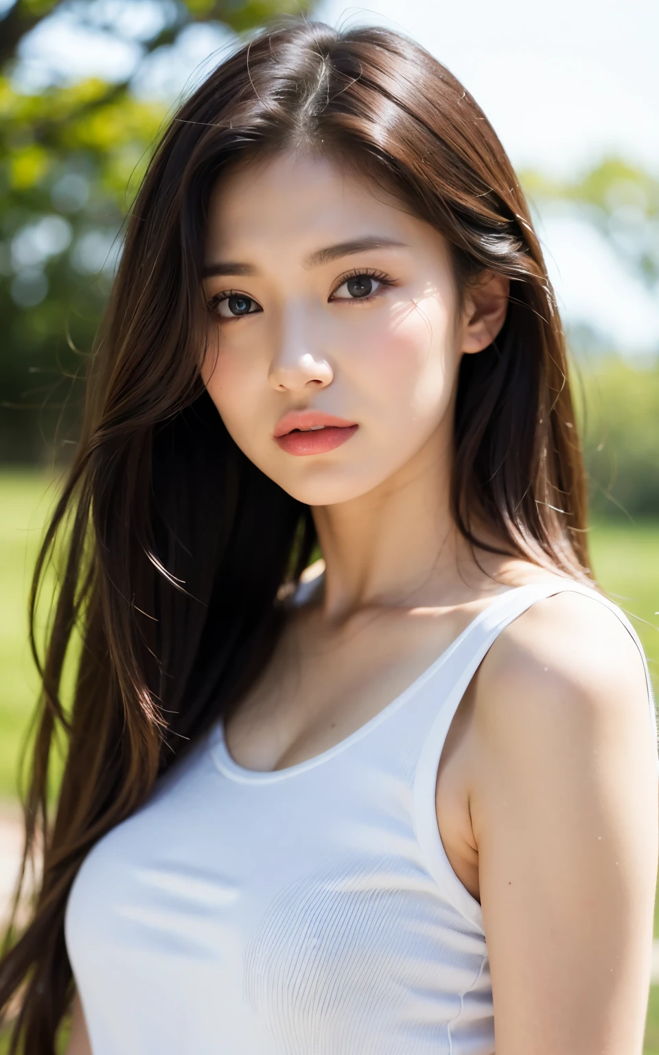 (Raw photo, Best Quality), (Realistic, Photorealsitic:1.3), masutepiece, Extremely delicate and beautiful, Soft light, (Brown hair, Shoulder-length straight hair swaying in the wind), Beautiful detailed girl, (Detailed fingers), extremely detailed eye and face, beautiful detailed nose, Beautiful detailed eyes, 1 girl, Japanese, Neat and clean beauty, Cute, young, dress shirts, Pants, (Half body:1.3), (medium breasts), Realistic face, Realistic body,