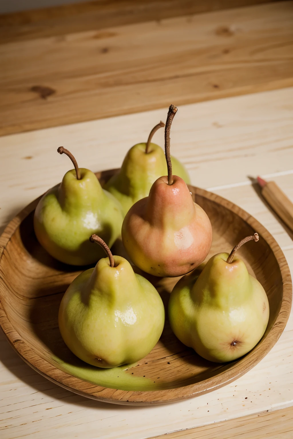 ((Melhor qualidade)), ((obra de arte)), (detalhado), coloring page of several pears on plates on a wooden table, estilo cartoon, linhas grossas, sem cor, fundo branco, just traces