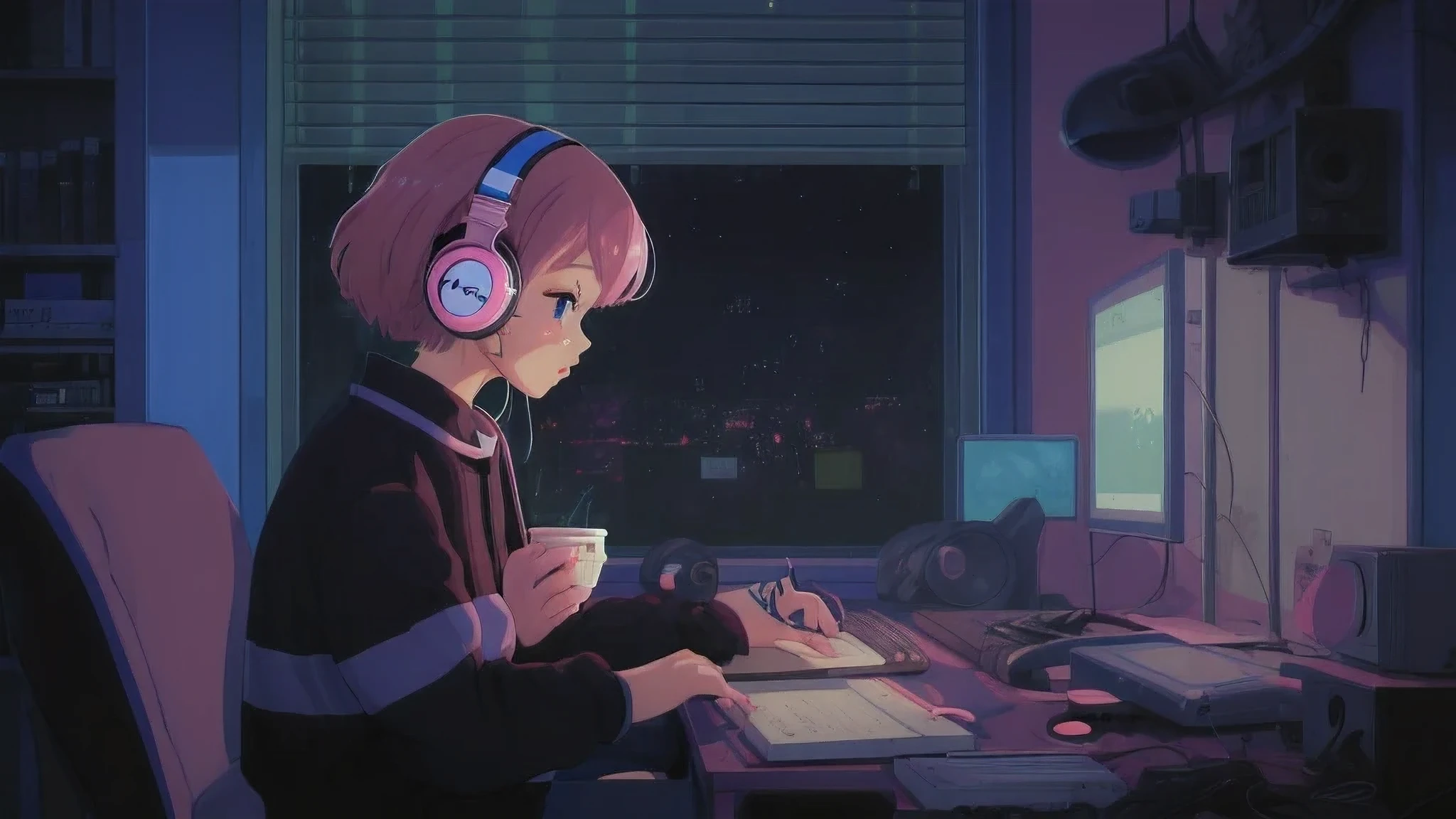 anime girl sitting at a desk with headphones on and holding a cup, lofi girl, lofi artstyle, lofi art, lofi portrait, anime style 4 k, lofi girl aesthetic, lo-fi art, lofi feel, anime aesthetic, anime vibes, anime art wallpaper 4 k, anime art wallpaper 4k, lofi vibes