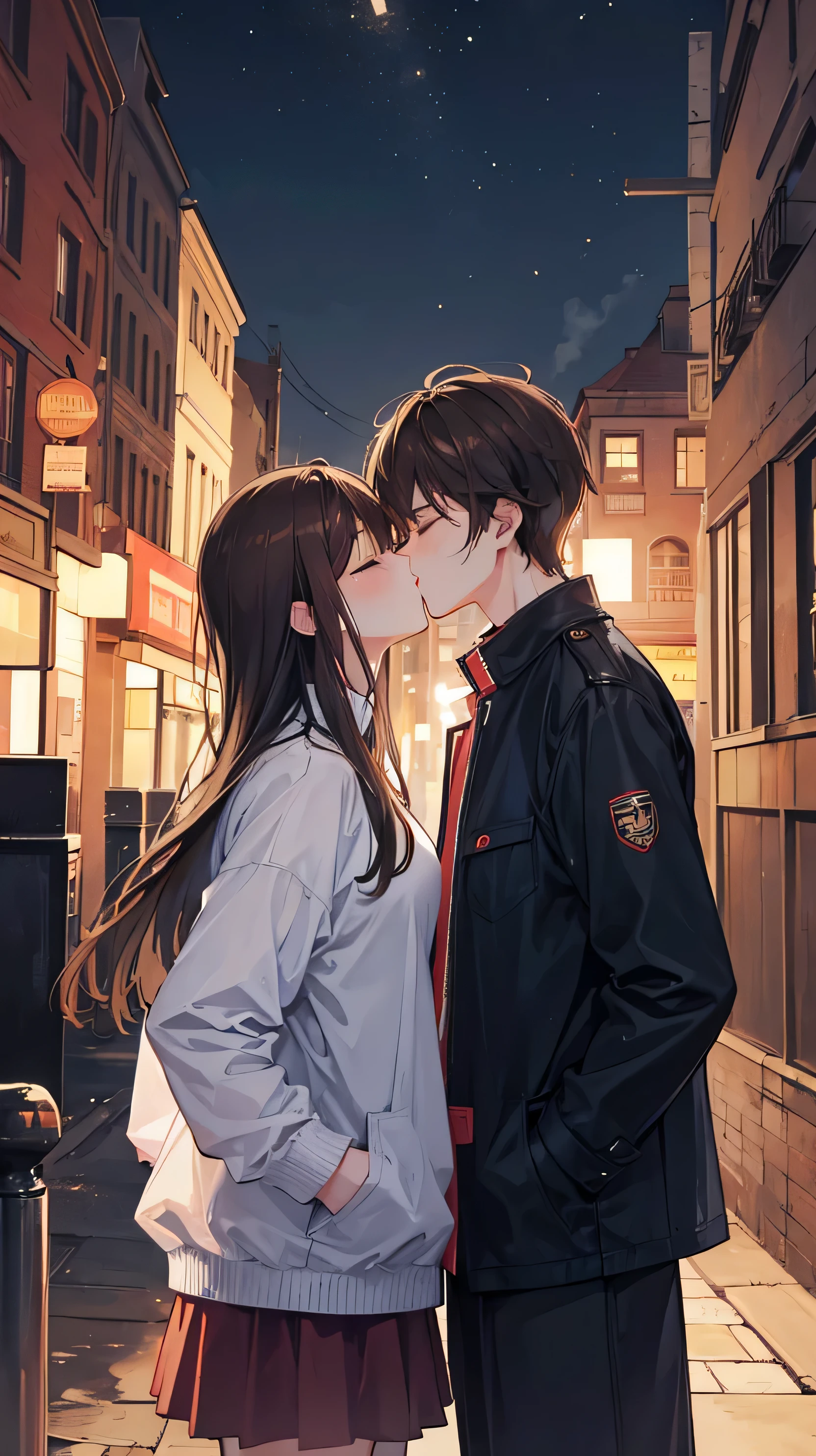 1 male and 1 female , brown hair, kissing , night city on top of buildings, closed eyes , hands in pocket