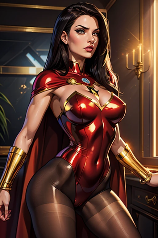 (best quality,8k:1.2,high resolution:1.2),ultra-detalhado,Realistic,SUPER HERO female,21 YEARS OLD,long BLACK hair,rosto extremamente detalhados,long eyelashes,all sheer RED LATEX leotard Apertado, A LARGE EMBLEM IN THE SHAPE OF THE LETTER "A" EMBROIDERED ON THE EMBRASE, RED FLYING CAPE,TRANSPARENT LIGHT BROWN SHINY pantyhose,Glossy GOLD metalic BRACELETES,Physically-based rendering,sharp focus,studio lighting
Consumo e