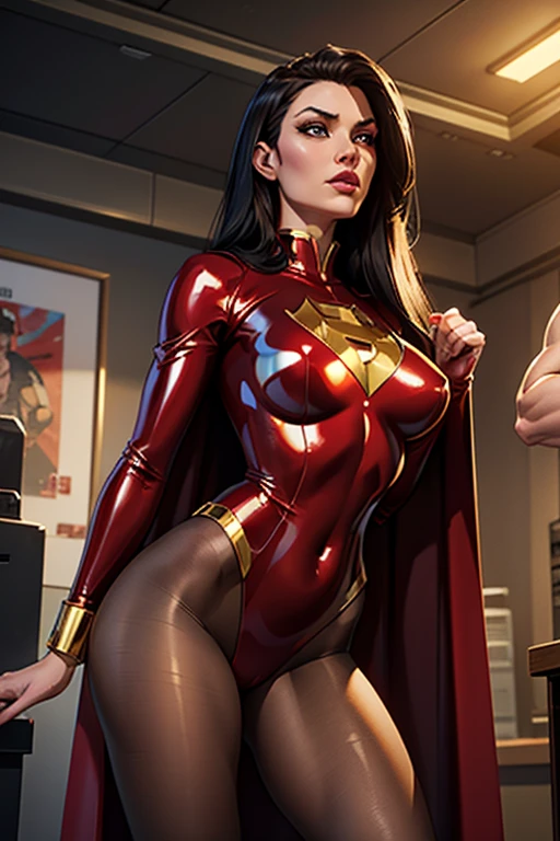 (best quality,8k:1.2,high resolution:1.2),ultra-detalhado,Realistic,SUPER HERO female,21 YEARS OLD,long BLACK hair,rosto extremamente detalhados,long eyelashes,all sheer RED LATEX leotard Apertado, A LARGE EMBLEM IN THE SHAPE OF THE LETTER "A" EMBROIDERED ON THE EMBRASE, RED FLYING CAPE,TRANSPARENT LIGHT BROWN SHINY pantyhose,Glossy GOLD metalic BRACELETES,Physically-based rendering,sharp focus,studio lighting
Consumo e