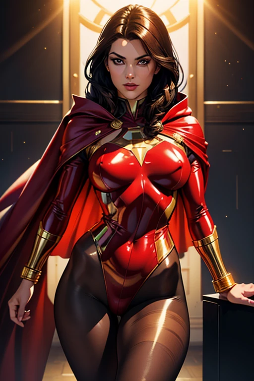 (best quality,8k:1.2,high resolution:1.2),ultra-detalhado,Realistic,SUPER HERO female,21 YEARS OLD,long BLACK hair,rosto extremamente detalhados,long eyelashes,all sheer RED LATEX leotard Apertado, A LARGE EMBLEM IN THE SHAPE OF THE LETTER "A" EMBROIDERED ON THE EMBRASE, RED FLYING CAPE,TRANSPARENT LIGHT BROWN SHINY pantyhose,Glossy GOLD metalic BRACELETES,Physically-based rendering,sharp focus,studio lighting
Consumo e