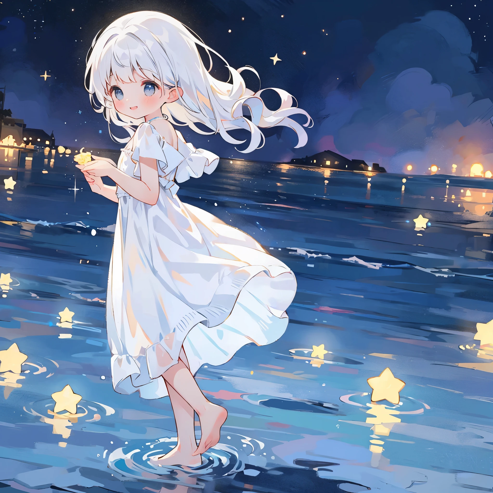 an ocean of stars, night sky, colorful, ethereal, charming girl in a white sheer babydoll dress, white hair, walking on the water, Her smile was filled with tenderness and joy, giant crescent white moon dipping into the water in the background