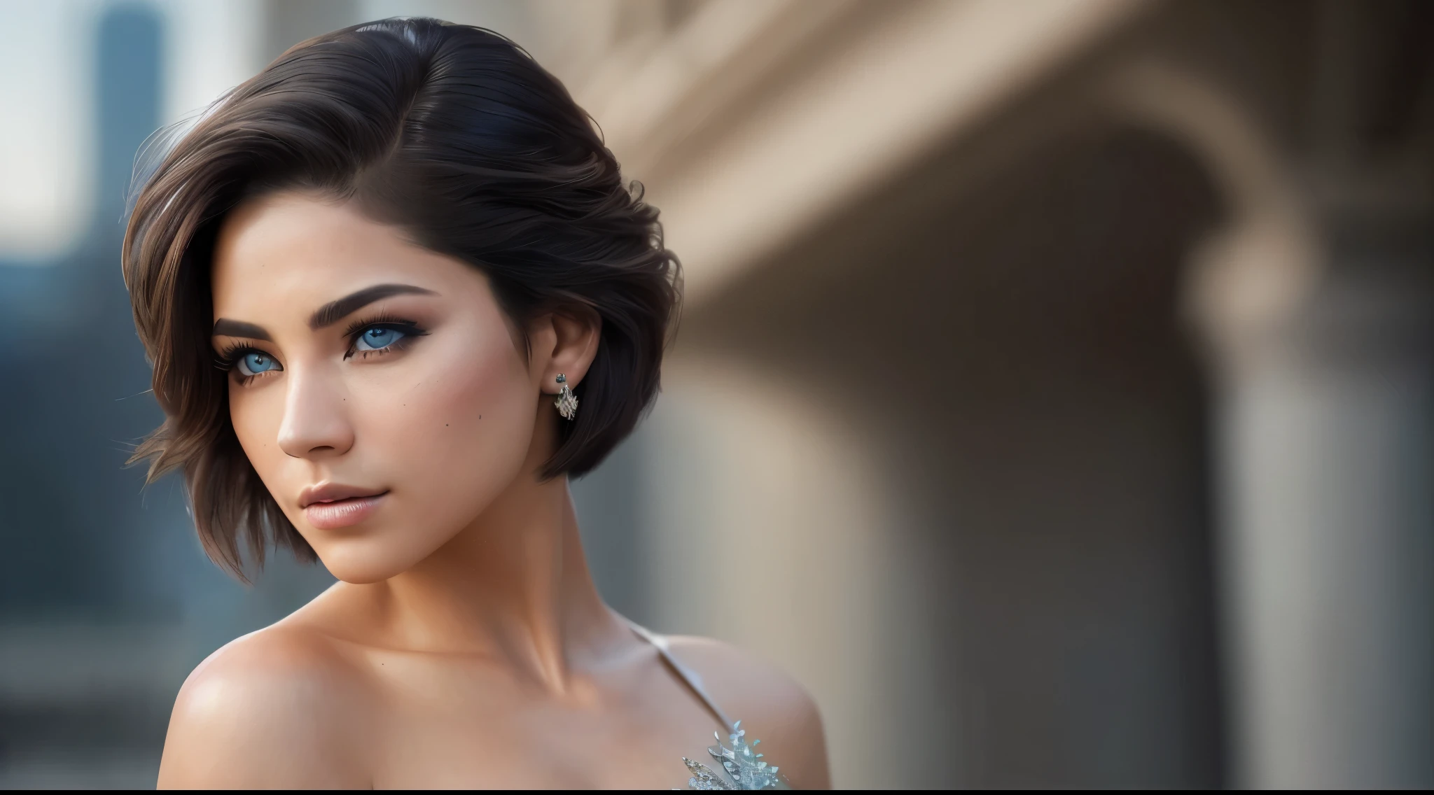 (RAW, analog, Nikon Z 14mm ultra wide angle lens, award-winning glamour photography, ((highest quality)), ((masterpiece)), ((realistic)), skin pores, subsurface scattering, synchrotron rays, high resolution, detailed facial features, high detail, sharp focus, smooth, aesthetic, highly detailed, (highly detailed eyes, highly detailed iris), highly detailed hair, highly detailed skin, highly detailed clothing, Octane Rendering, Photorealistic, Realistic, Post-Processing, Maximum Detail, Realistic Shadows, Roughness, Natural Skin Texture, Real Life, Ultra Realistic, Photorealism, Photography, 8K UHD, Photo, HDR, Complex and Elegant, Highly Detailed, Sharp Focus, Stunning, Beautiful, Gorgeous), (Masterpiece: 1.2, Best Quality 1:1, Ultra Detail: 1.2, Best Shadows, 8k: 1.1) (Large city: 1.3, rooftop: 1.1, lower structures, railings), (contrasting background, light background), (beautiful detailed face), high contrast, (perfect lighting: 1.2, beautiful color, delicate color), (cinematic light)), colorful, hyper-detail, dramatic light, intricate detail, (Isabel Merced, solo, bob_cut_ hair, blue eyes, dynamic angle, seductive), depth of field