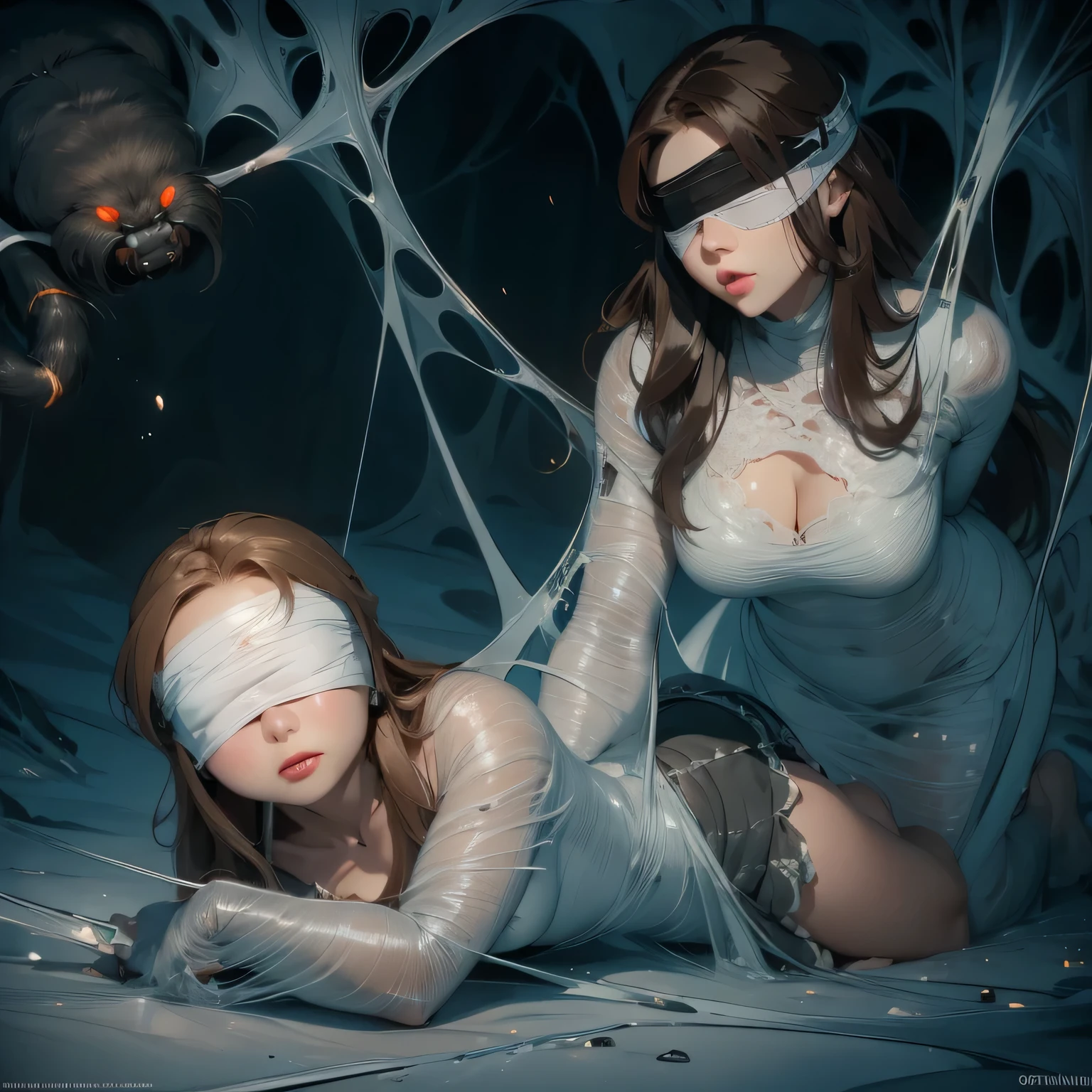 1girl,Spider weaves a net on a girl, very realistic, very detailed,bed,stretched, dark cave, struggle in the net,brown haired, very long sheer skirt,lying down,(blindfold:1.4),(ballgag:1.4)