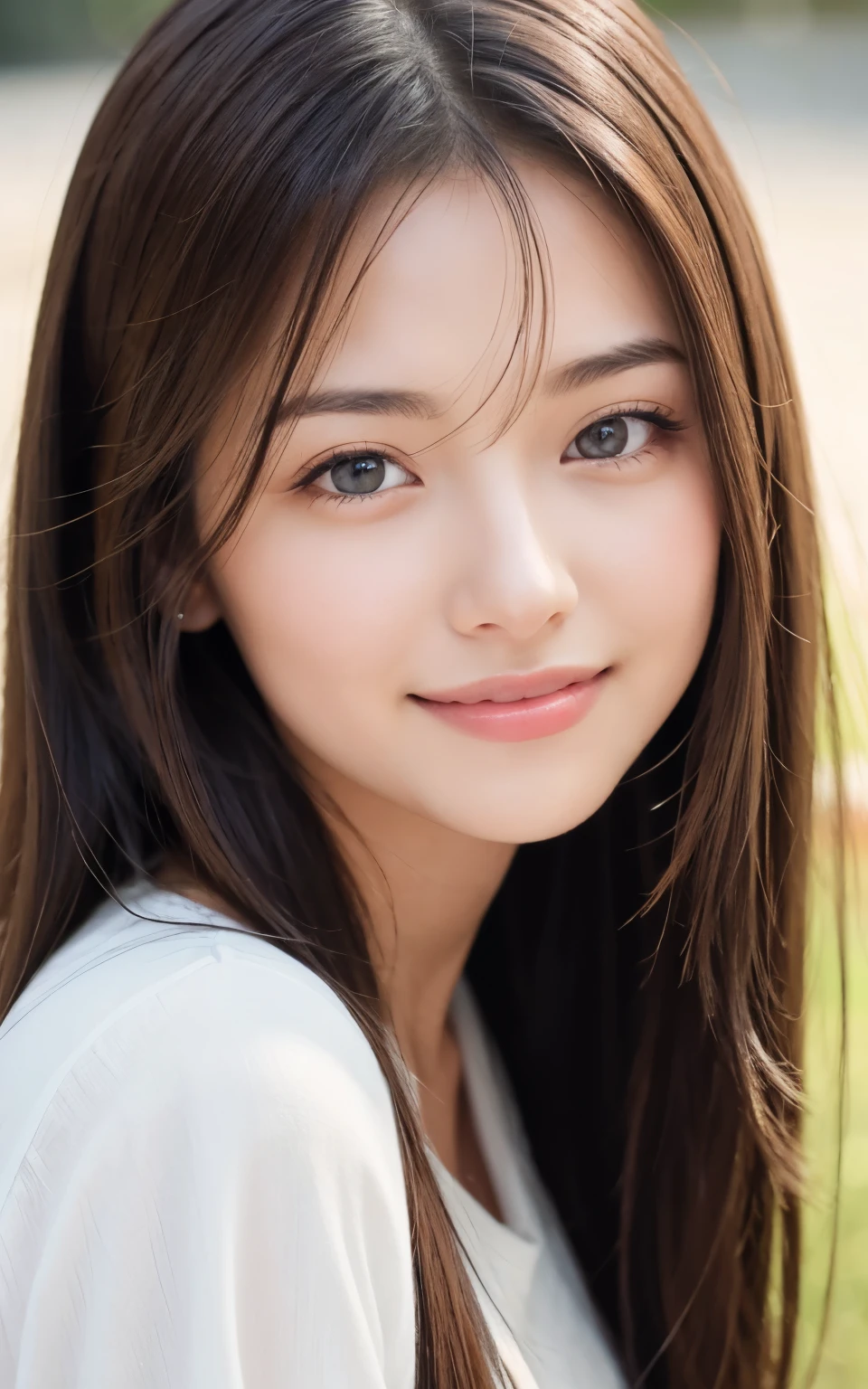 masterpiece, Best Quality, 8K, 1 girl, 20 yo, closed mouth, happy smile, close-up, Close-up of face, Solo, Cute, Girly, Delicate girl, Neat and clean beauty, Raw photo, Professional Photography, Portrait, Soft light, Professional Lighting, Back lighting, look away, avert your eyes, Sophisticated, Film grain, (Eyes and faces with detailed:1.0), medium length floating hair, Beautiful flowing hair,