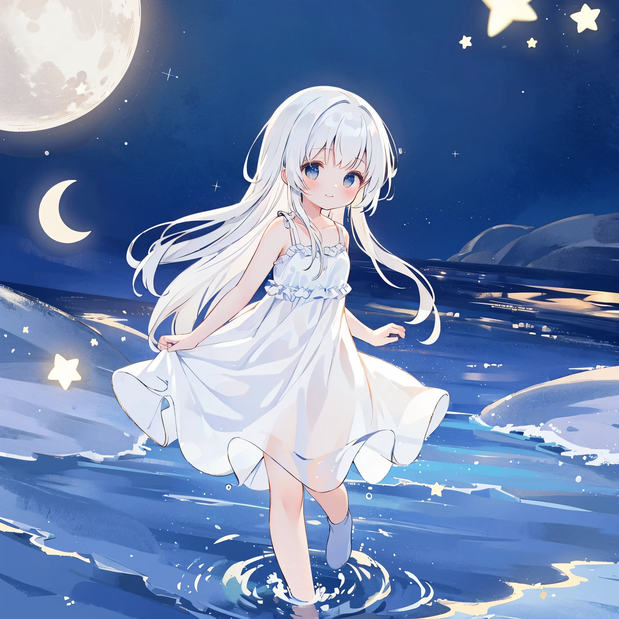 an ocean of stars, night sky, colorful, ethereal, charming girl in a white sheer babydoll dress, white hair, walking on the water, Her smile was filled with tenderness and joy, giant crescent white moon dipping into the water in the background