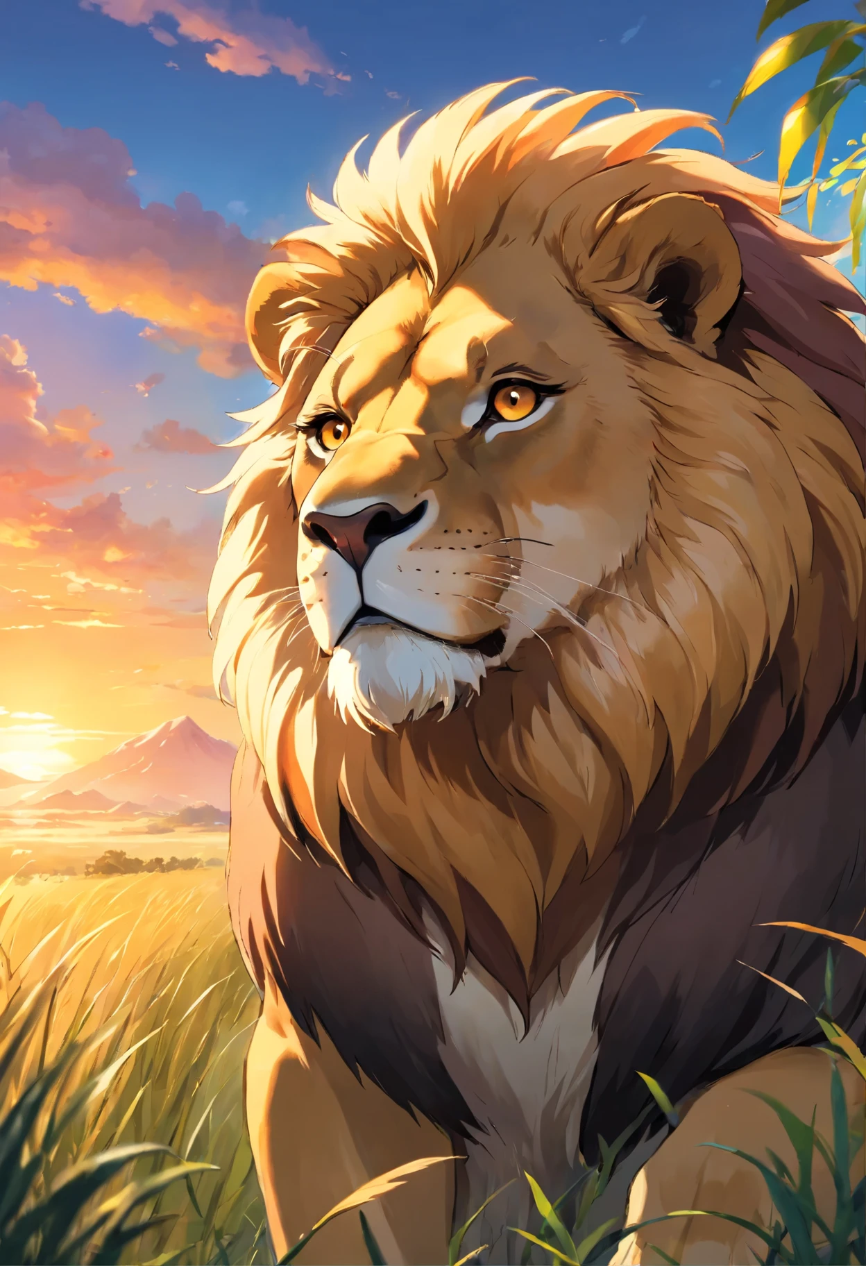 beautiful majestic lion, intense piercing eyes, strong muscular body, flowing golden mane, fierce expression, regal posture, roaring in the wild, powerful and confident, surrounded by tall grass, vibrant sunset colors, dramatic lighting, hyper-realistic details, stunning 3D rendering, high-resolution masterpiece:1.2, HDR, bokeh, vivid colors, photorealistic, wildlife portrait, king of the savannah