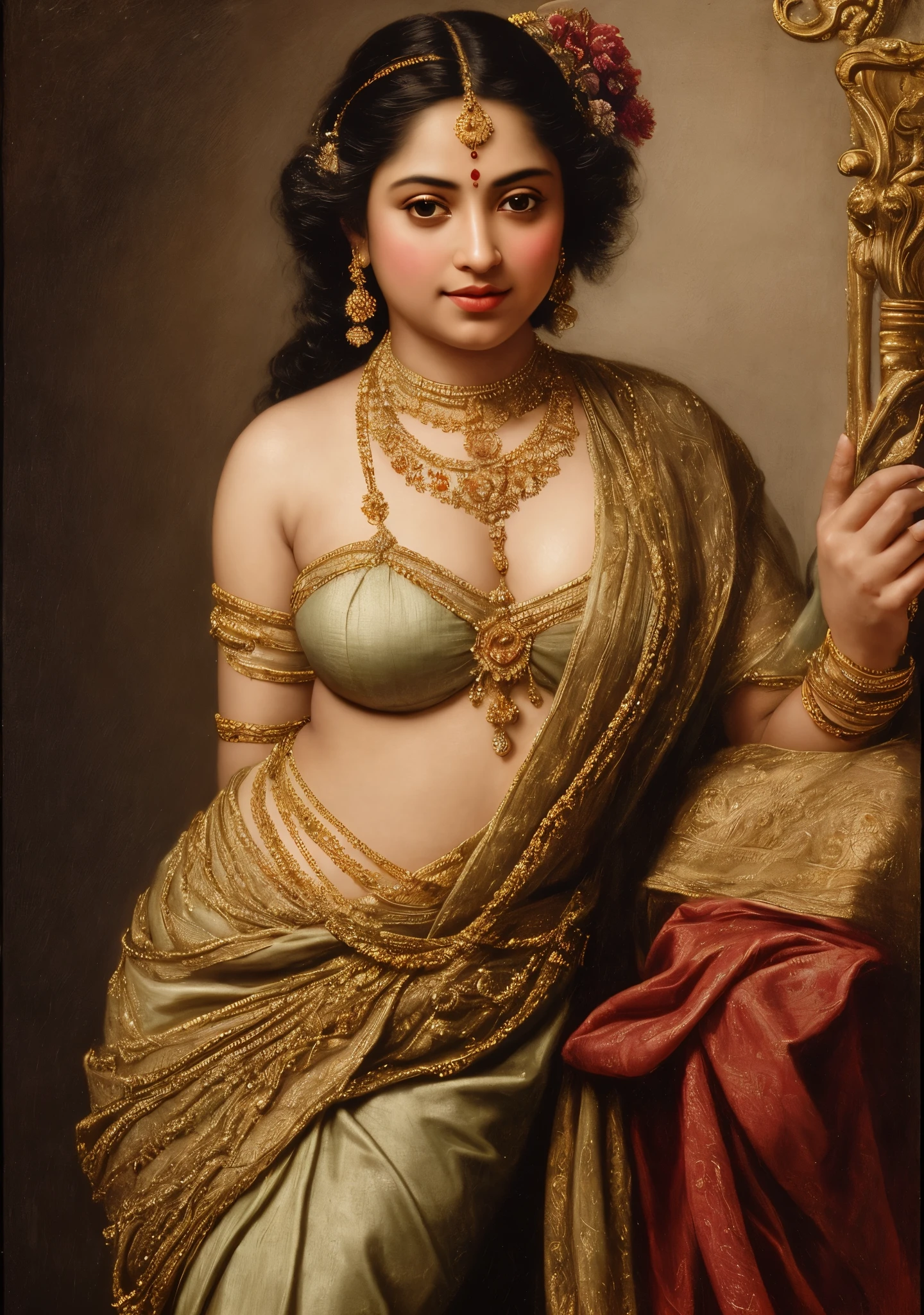 Beautiful Indian Woman, wearing saree, sari Beauty, gorgeous, Apsara, Maharani, royal queen woman, nymph from Hindu Mythology, Urvashi, matchless beauty, Highly detailed, Oil Painting by Peter Paul Rubens inspired by Raja Ravi Varma, Matchless beauty, captivating, gorgeous, heavenly beauty, celestial beauty, by Peter Paul Rubens, 13, realistic, hyper realistic, micro details, incredible artwork, insane details, ultra High resolution, 8k, 32k, acrylic on canvas, intricate, flawless, detailed, detailed face, detailed eyes, masterpiece, by Peter Paul Rubens, by Caravaggio, by William Adolphe bouguereau, perfect face, perfect body, beautiful art, realism, baroque, renaissance Art, highly textured, beautiful and detailed eyes, uhd, best quality,
