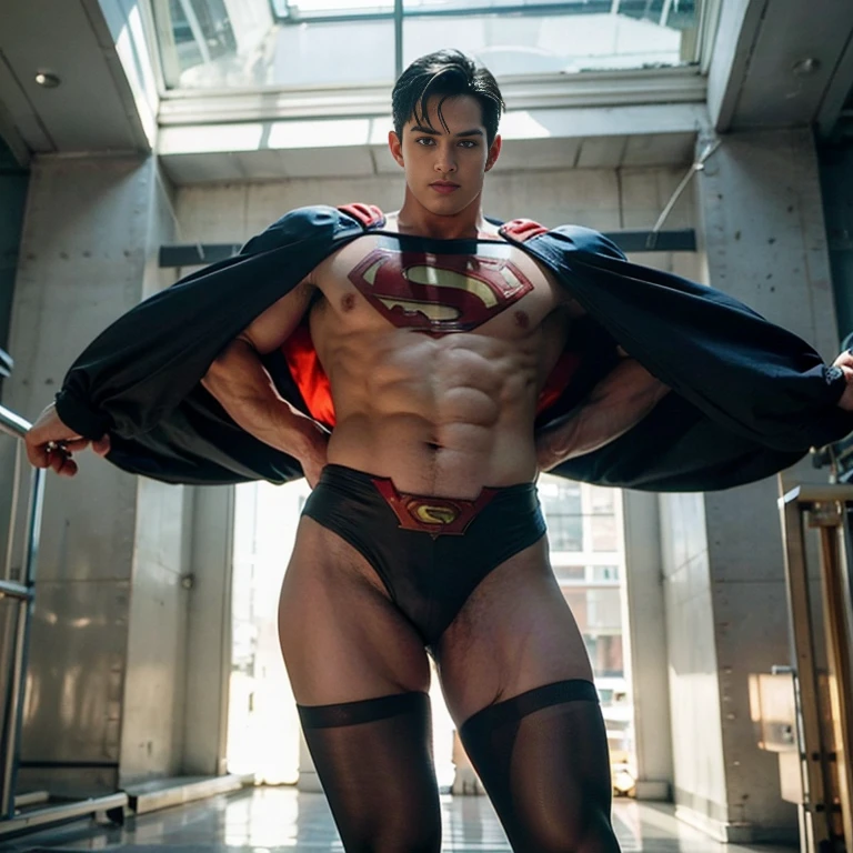 Man body setting，Superman costume tights , (bare thighs ) , sexy , NSFW , eroticism , R18 , seduction, standing , high raise thong , big thighs , fat hips
