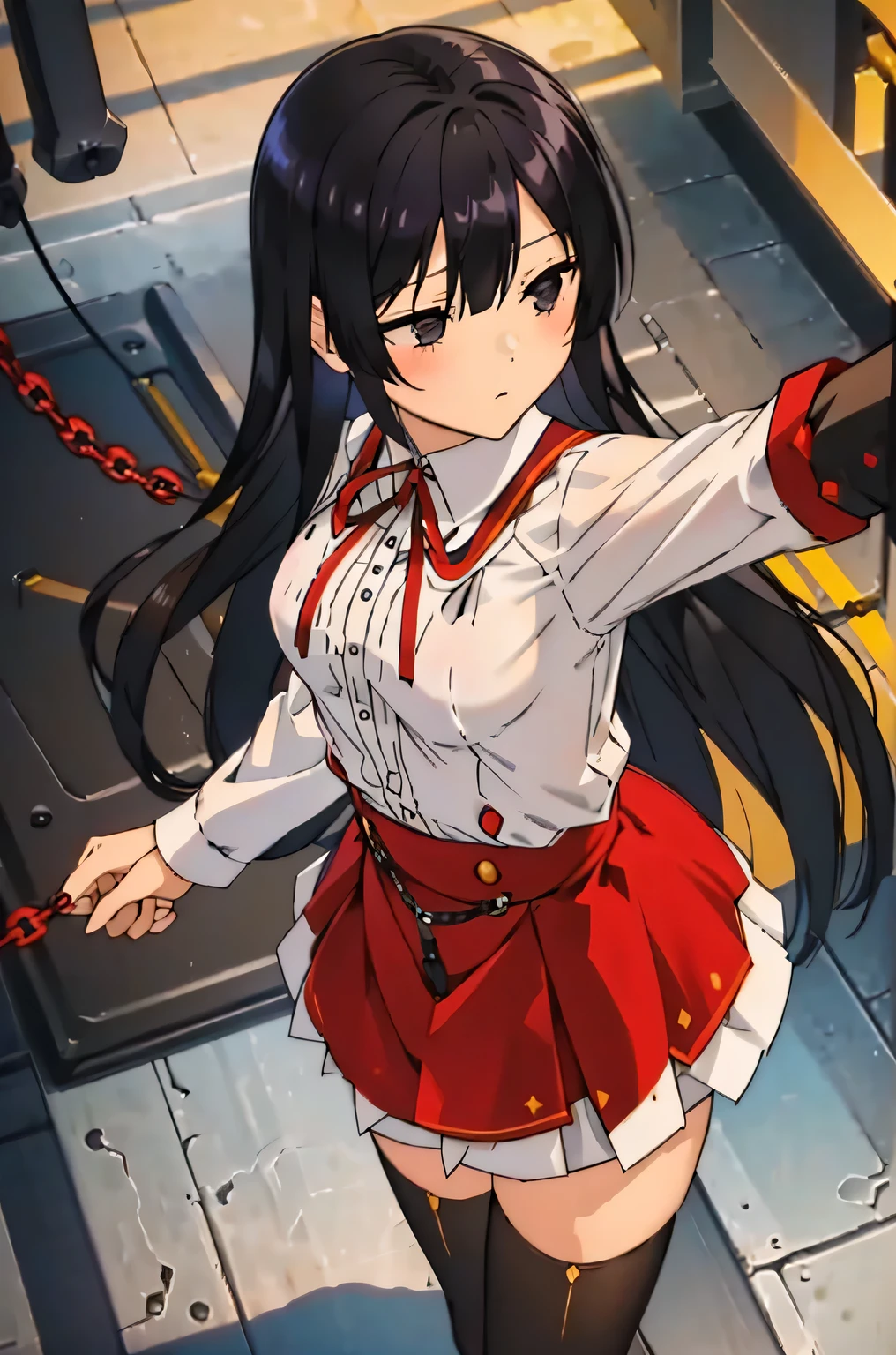 eumi, 1girl, solo, long hair, blunt bangs,bangs, black hair, black eyes, looking at viewer,
shirt, long sleeves, ribbon, closed mouth, , white shirt, pleated skirt, frills, puffy sleeves, brown skirt, black thighhighs, red ribbon, neck ribbon, expressionless,1girl,solo, spread legs , (machinery) , scarred expression,nude, (stationary restraints, straight hair, spread arms, cable, wire, industrial pipe, vaginal object insertion, ((((sex machine)), )), bound, bound wrists, bound arms, bound legs, chain bdsm, nipple leash,black hair,black eyes,