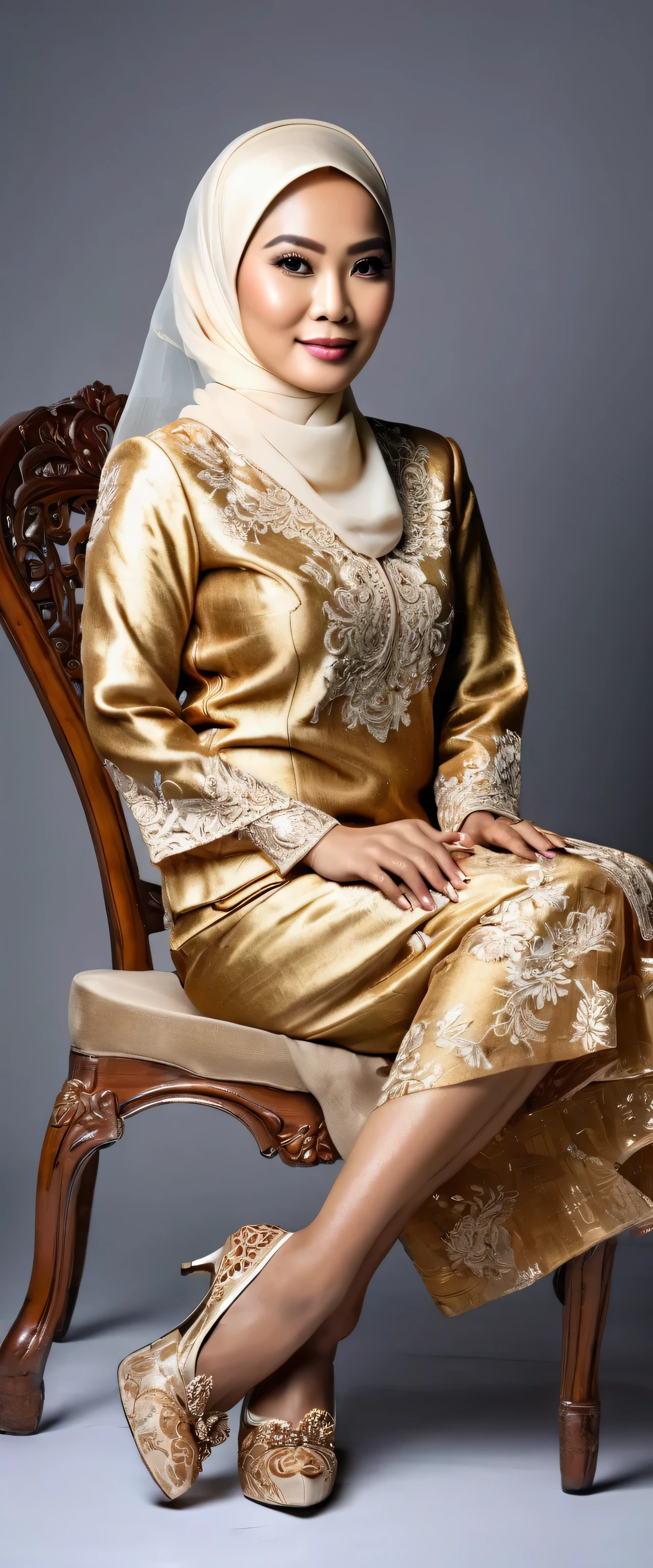 A beautiful Indonesian woman aged 30 years, elegantly wearing a luxurious Kebaya hijab, sitting nicely on a chair, wearing cute shoes, perfect studio photo background. majestic, luxurious, gold nuance, realistic, polite