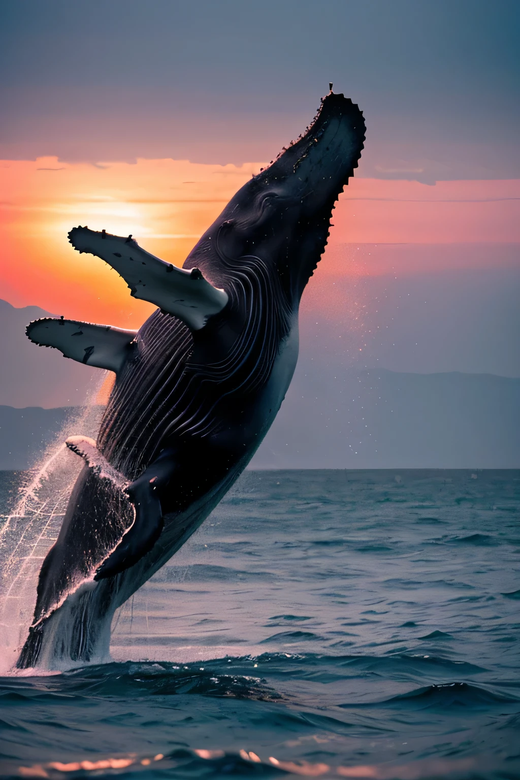 A majestic humpback whale breaching the ocean surface at sunset with red aura theme